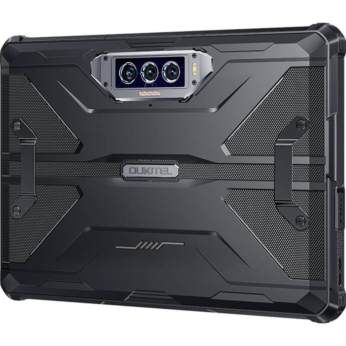 Retro di un tablet rugged Oukitel nero con tripla fotocamera, custodia protettiva e impugnature laterali.