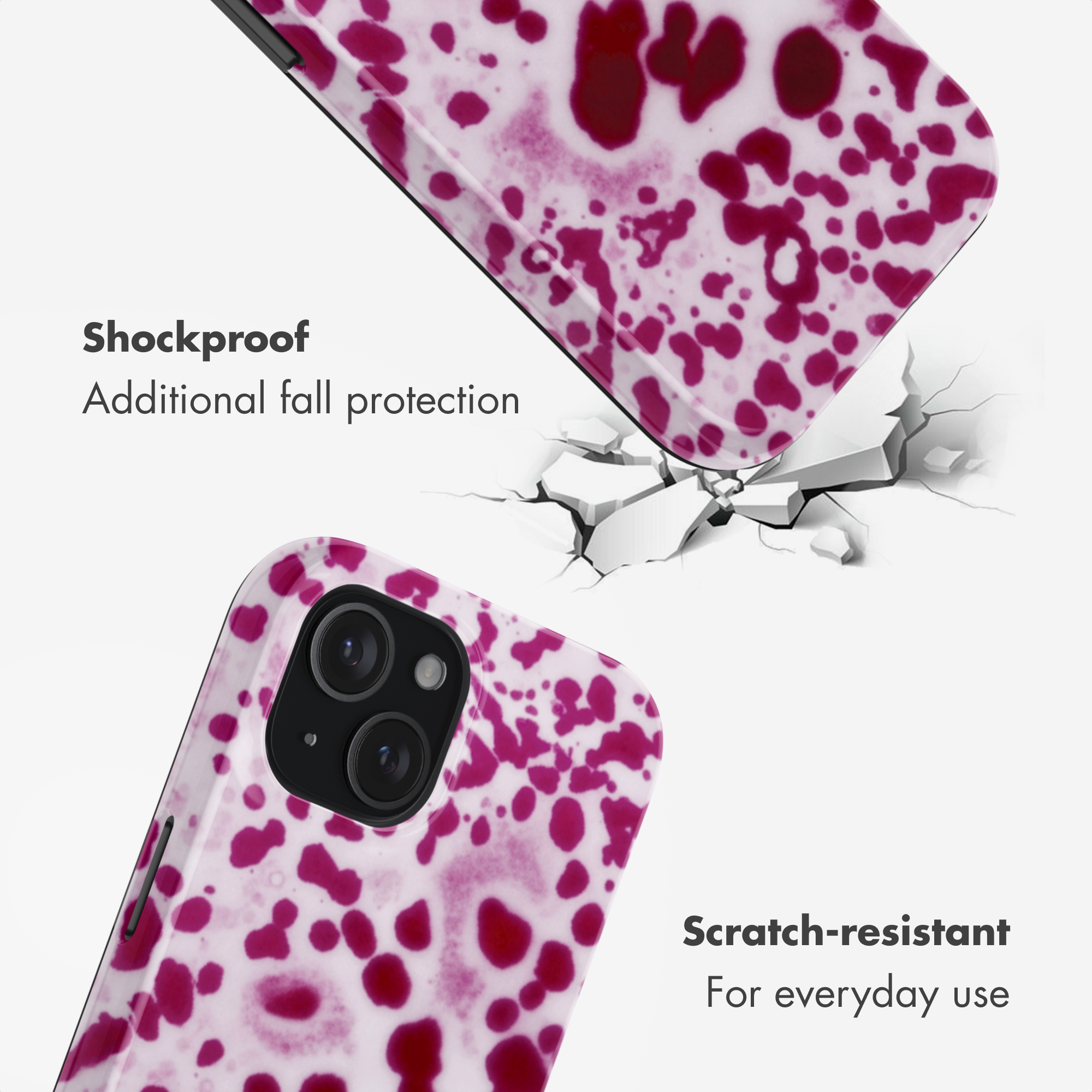 Cover per telefono con motivo a macchie rosa e testo su resistenza a urti e graffi.