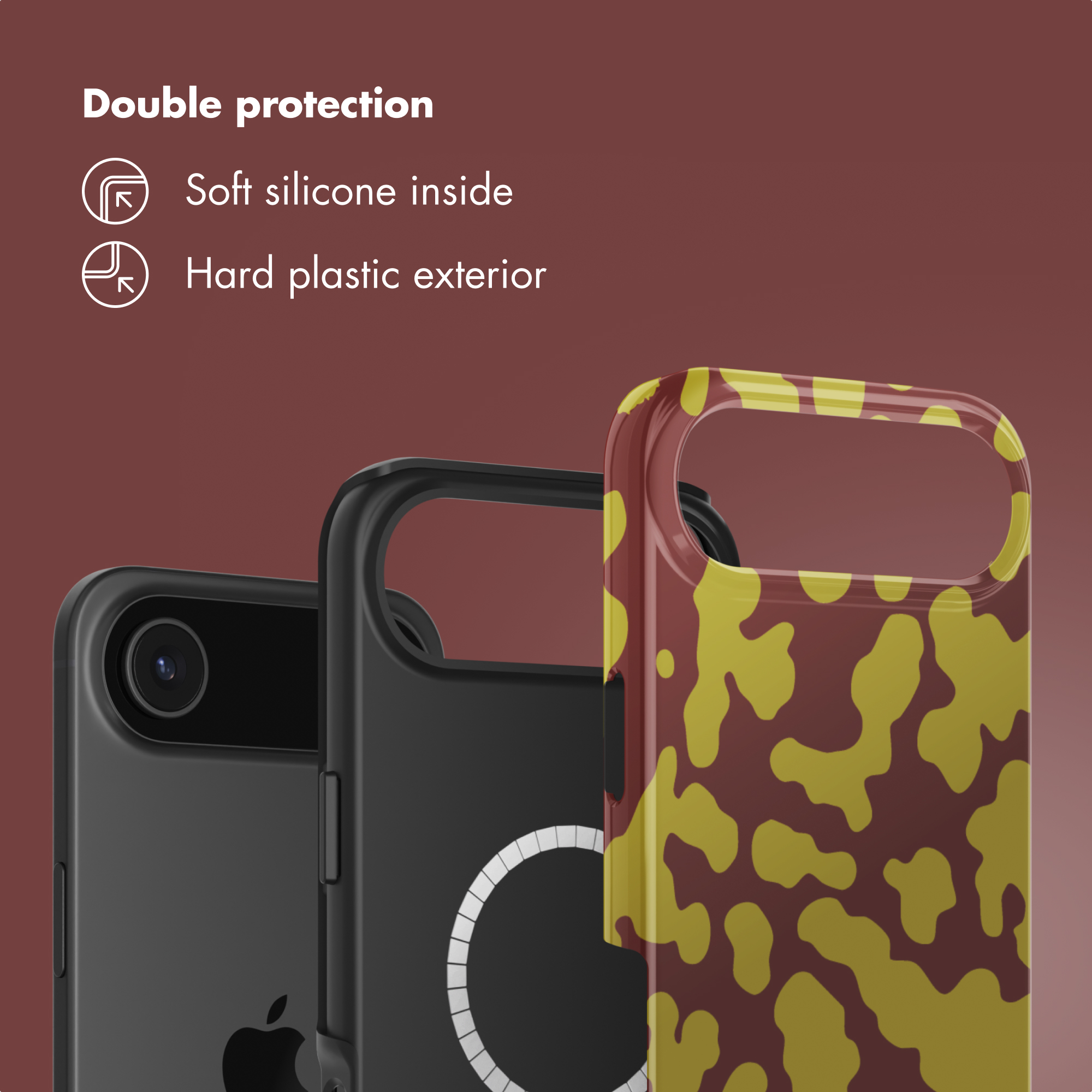 Doppia protezione con silicone morbido interno ed esterno in plastica dura.