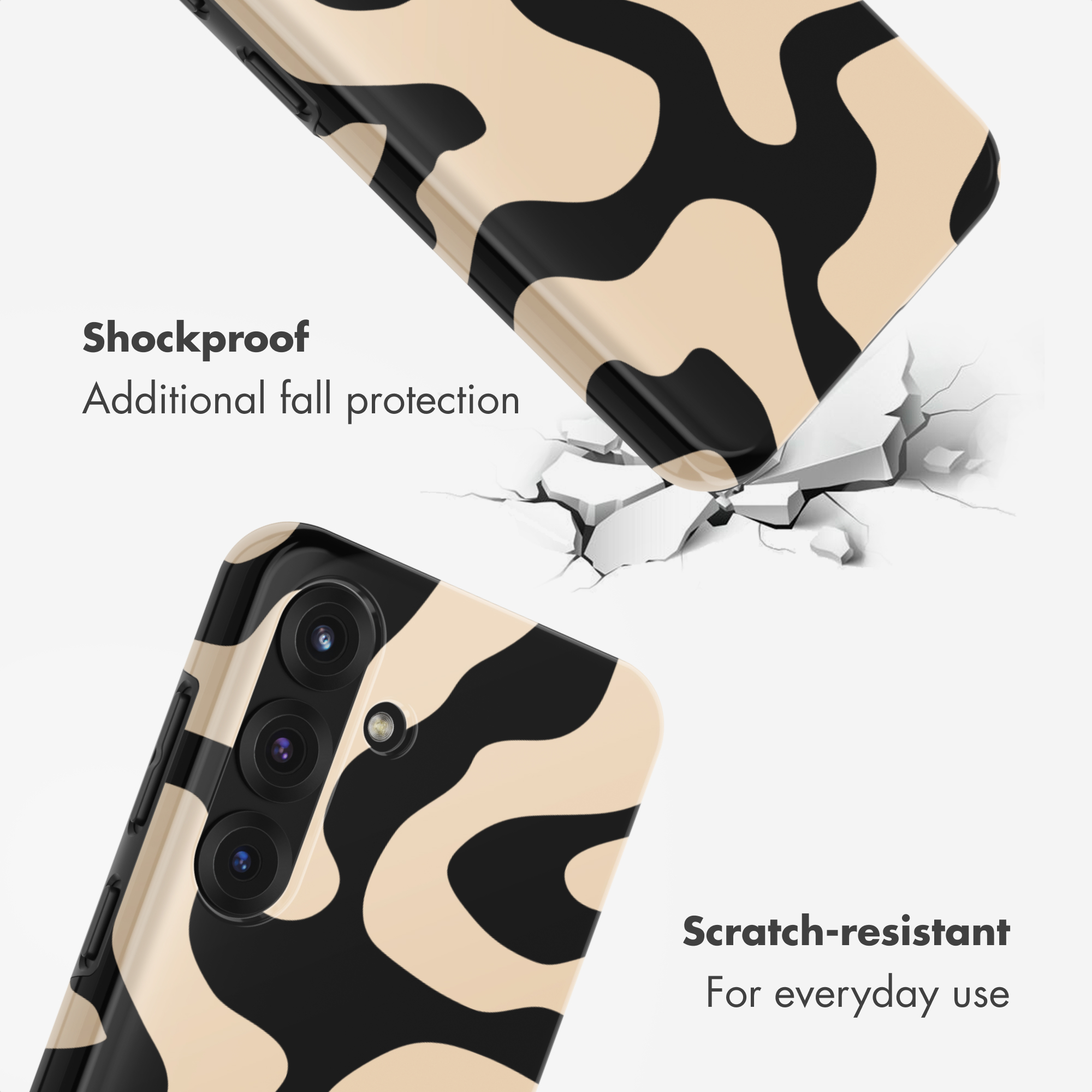 Funda de móvil con patrón abstracto en negro y beige, resistente a golpes y arañazos.