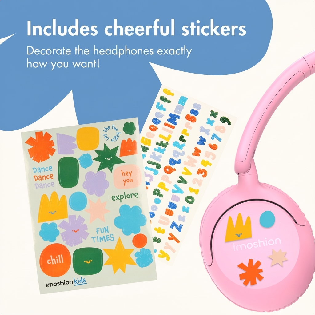 Auriculares rosas con coloridas pegatinas decorativas, incluyendo formas, letras y números.