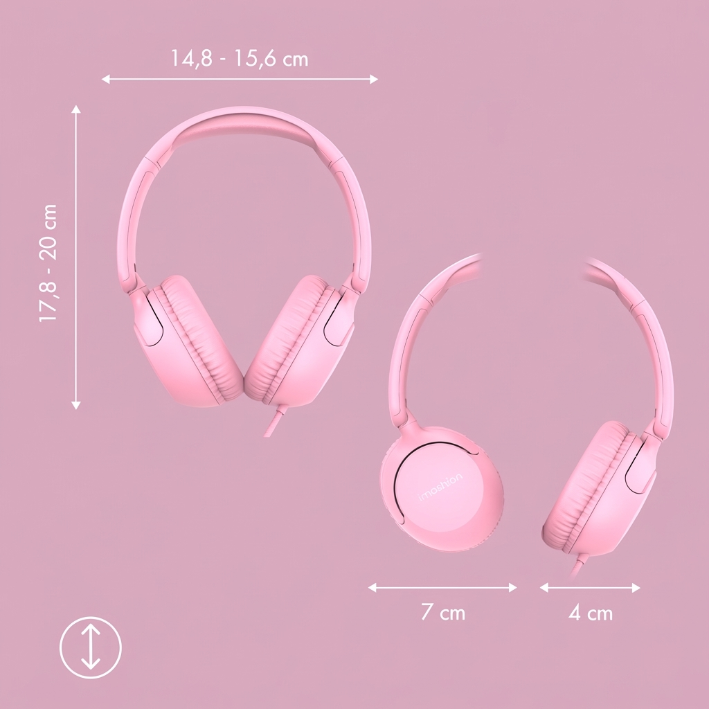 Auriculares rosas sobre fondo rosa con medidas de dimensión.