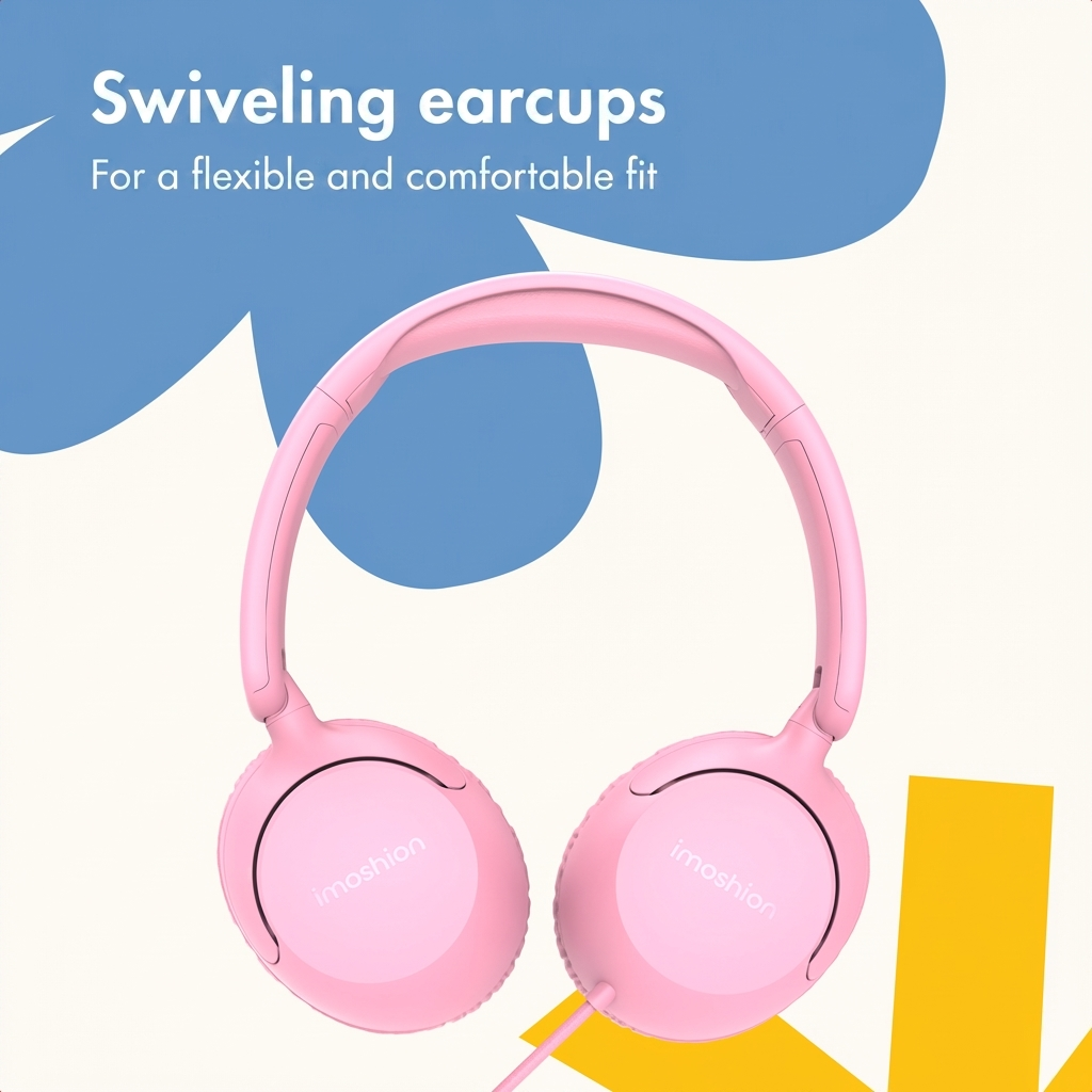 Auriculares supraaurales rosas con el texto "imoshion" sobre fondo colorido.