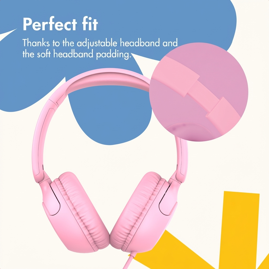 Auriculares rosas con diadema ajustable y acolchada sobre fondo azul y amarillo.