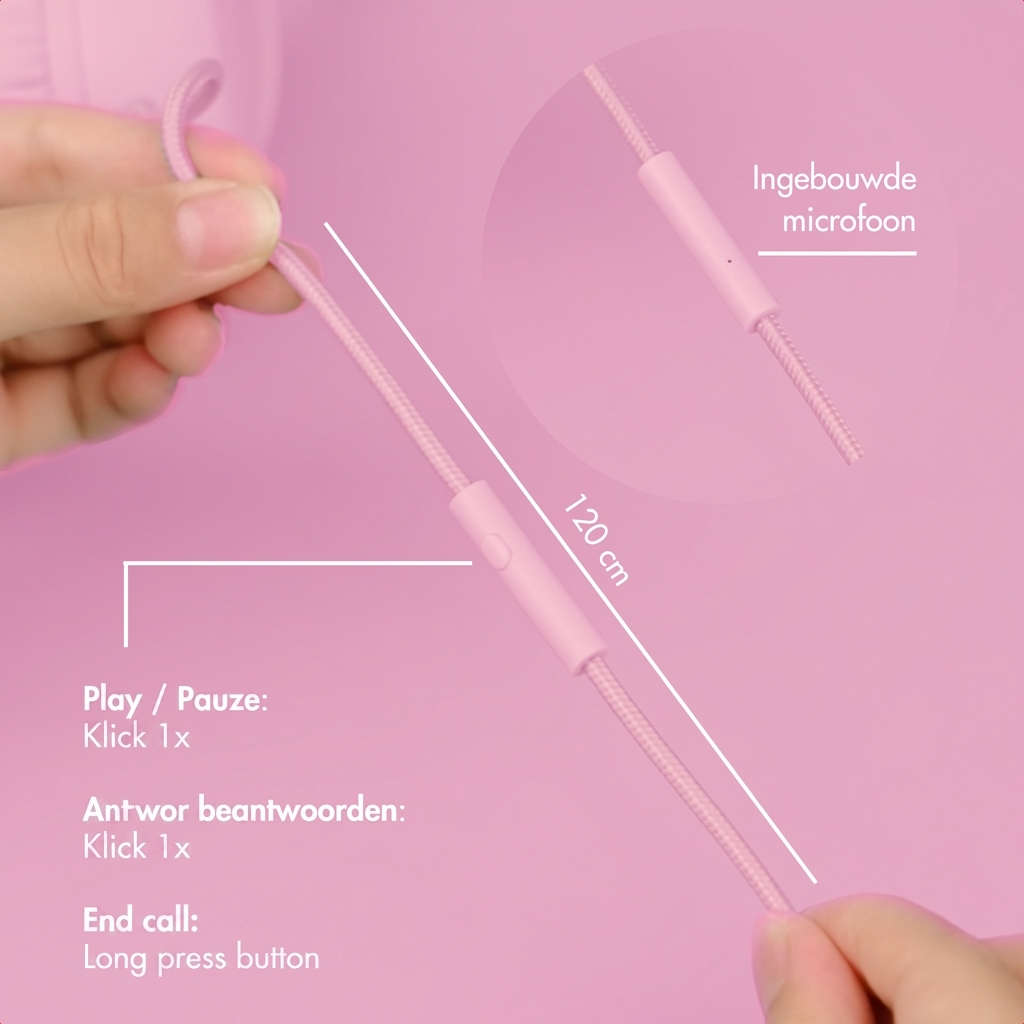 Cable de auriculares rosa con micrófono integrado y botones sobre fondo rosa.