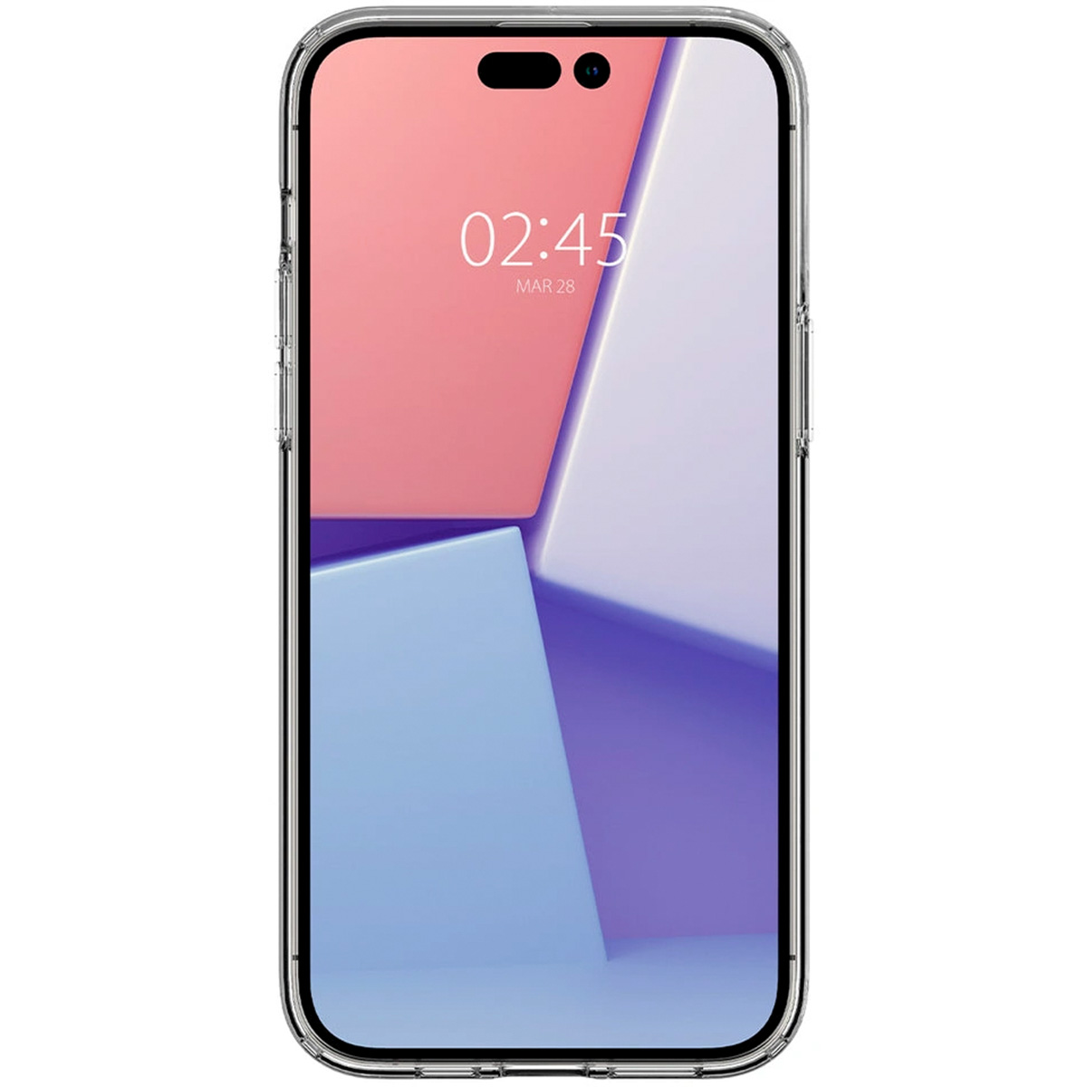 Smartfon w przezroczystym etui wyświetla ekran z geometrycznymi kształtami w kolorze różowym, białym i niebieskim oraz godzinę.