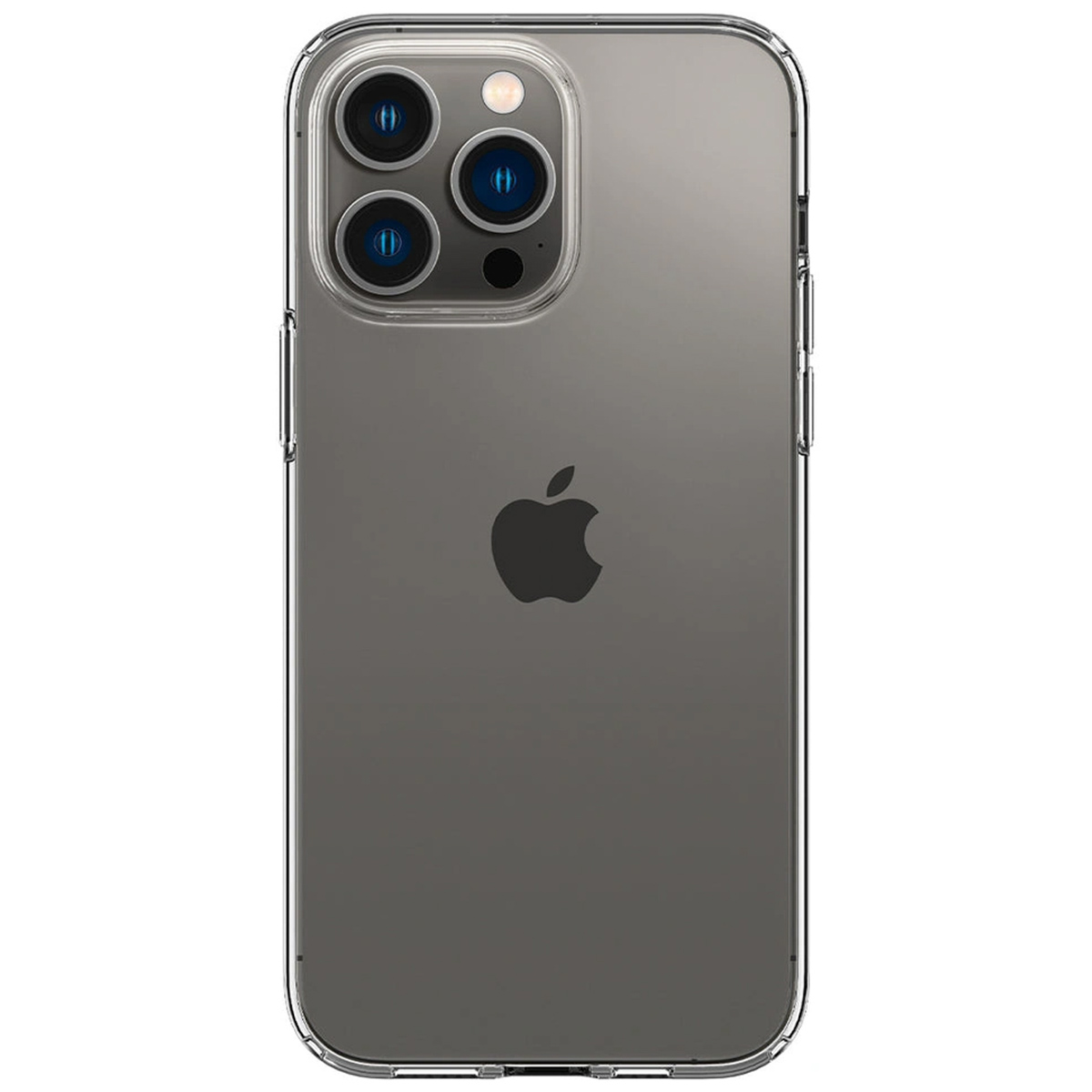 Tył szarego smartfona w przezroczystym etui, z potrójnym aparatem i logo Apple.