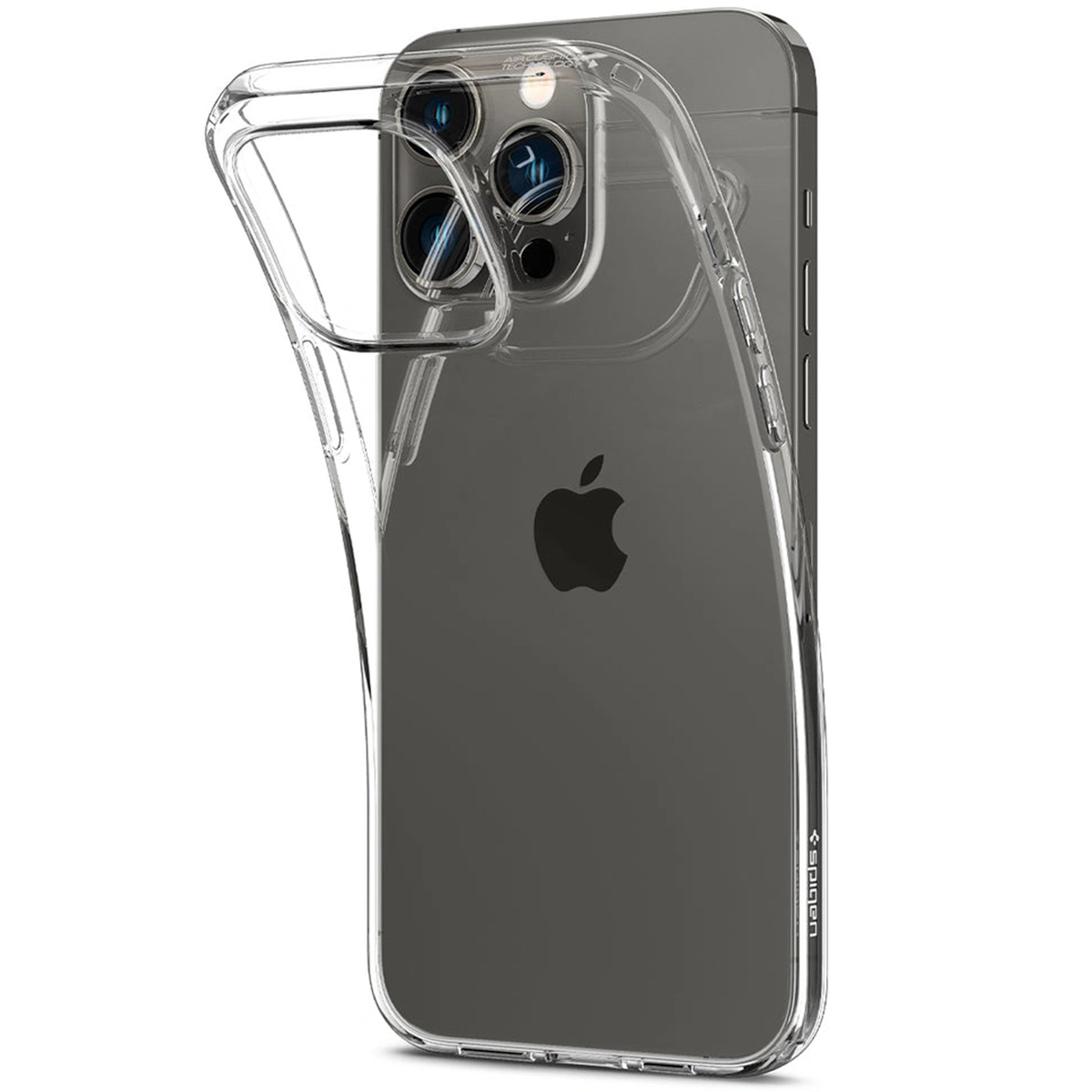 Szary iPhone z przezroczystym etui ochronnym częściowo zdjętym.