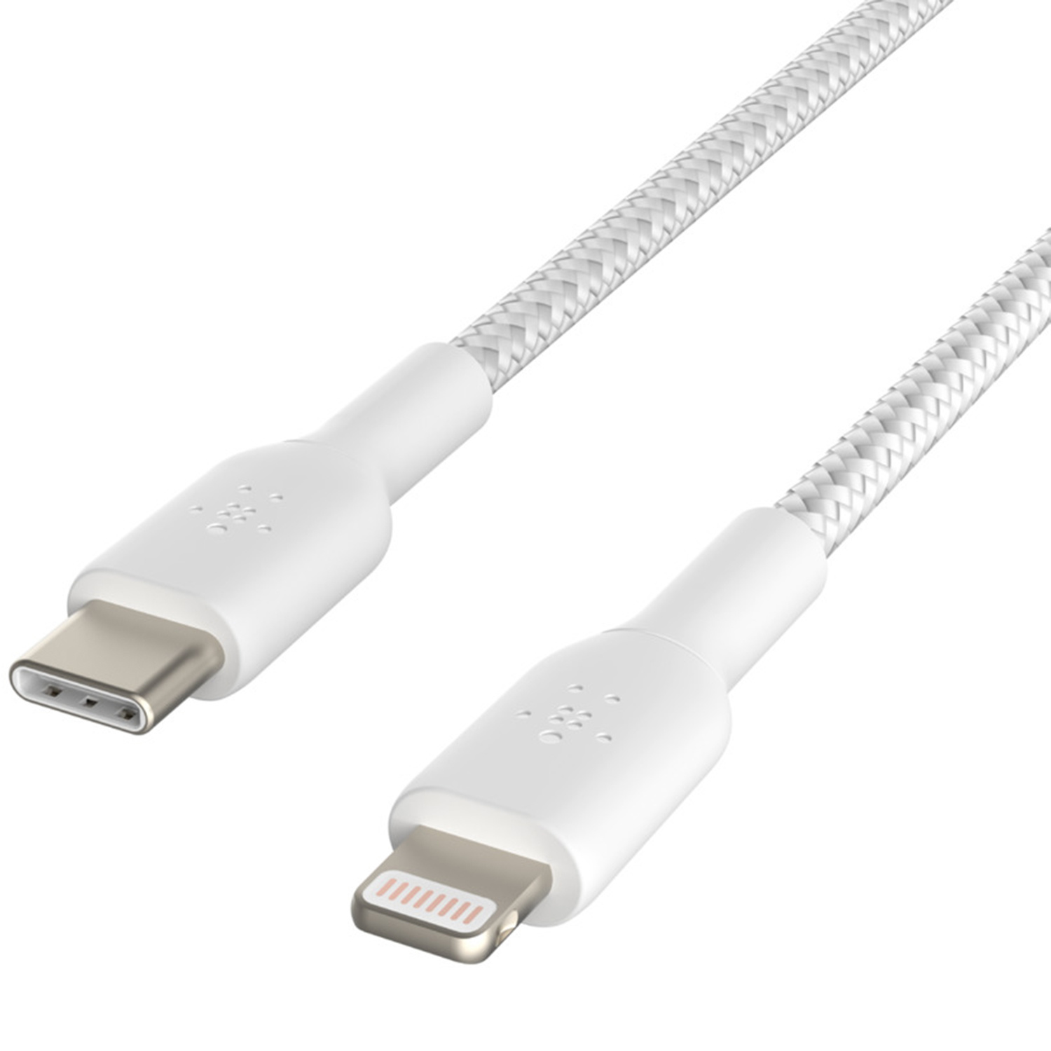 Cavo intrecciato bianco da USB-C a Lightning su sfondo bianco.