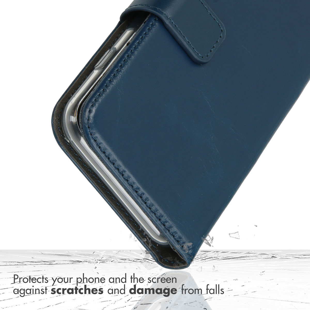 Étui de téléphone en cuir bleu offrant une protection contre les rayures et les chutes.
