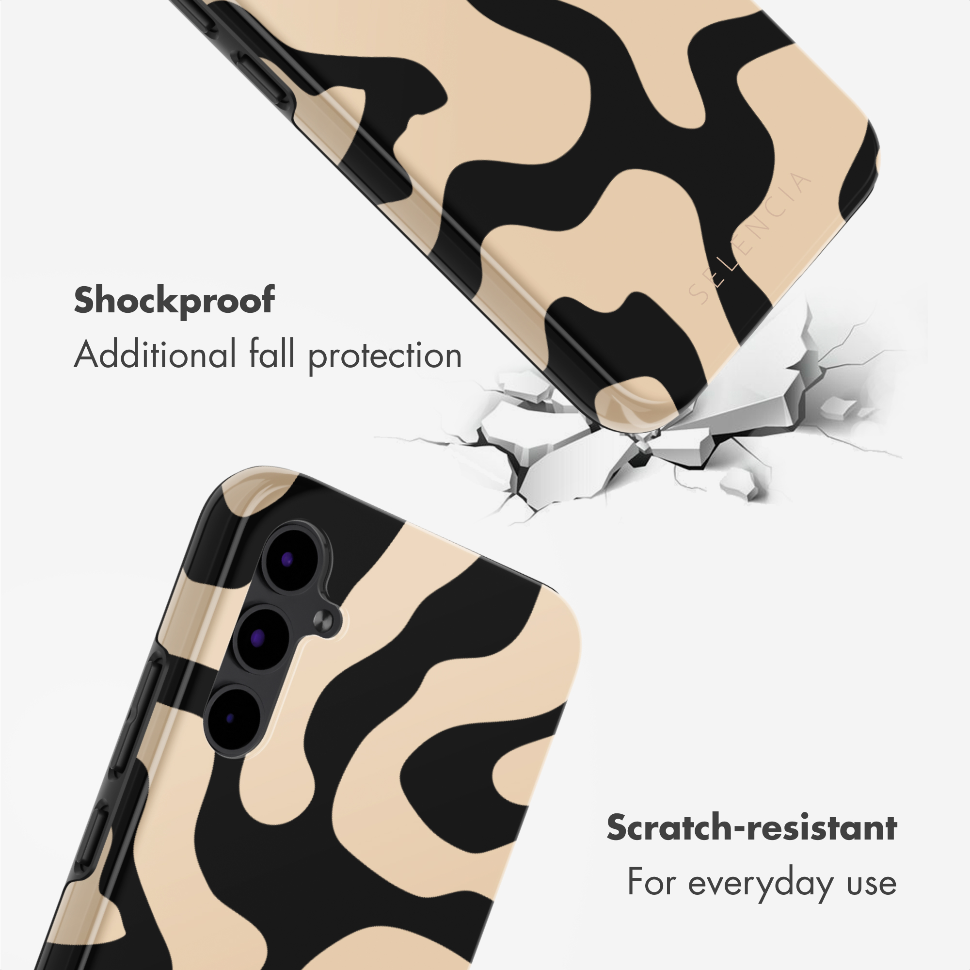 Funda para móvil con patrón beige y negro, resistente a golpes y arañazos.