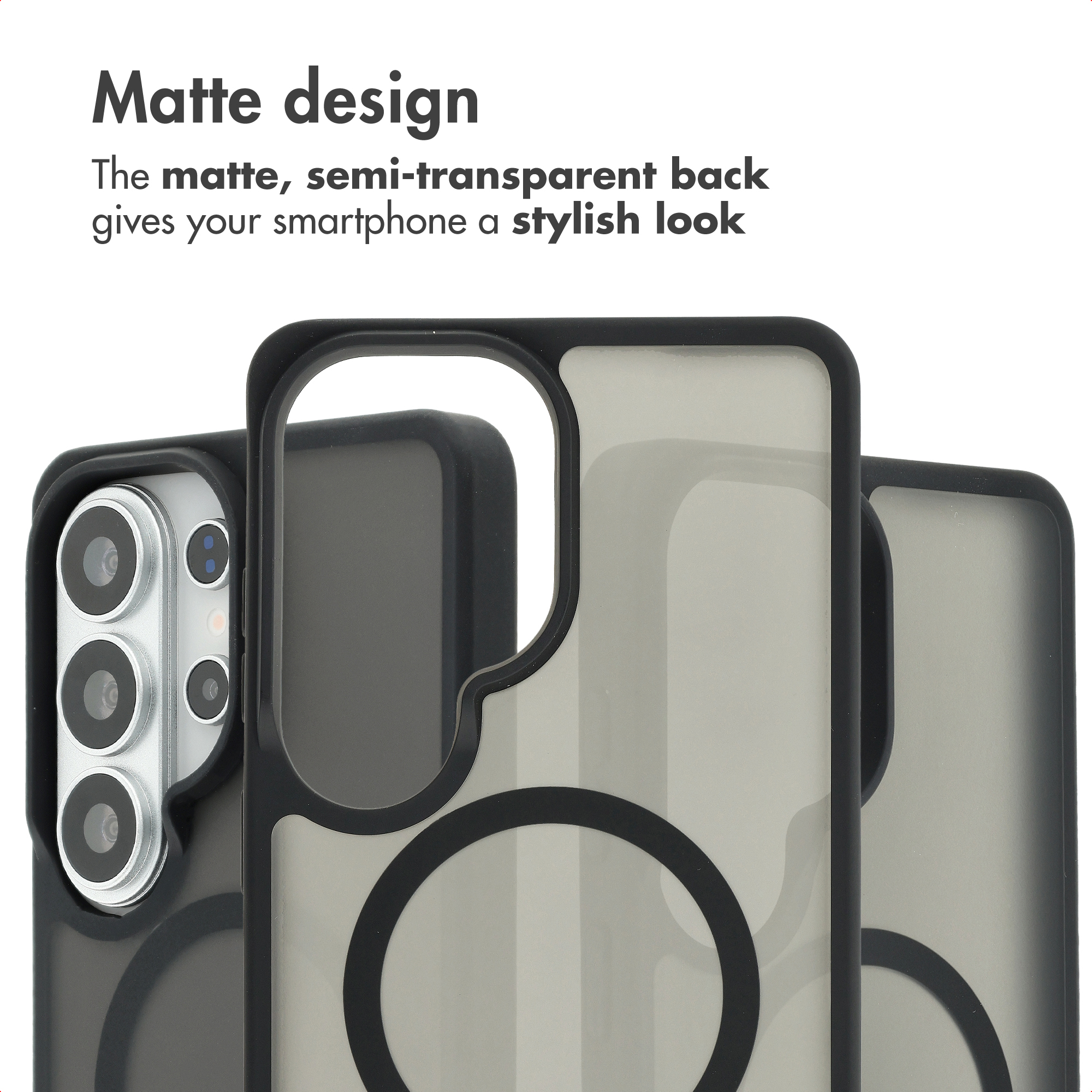 Trois coques de smartphone semi-transparentes mates avec des bordures noires et des anneaux magnétiques sur fond blanc.