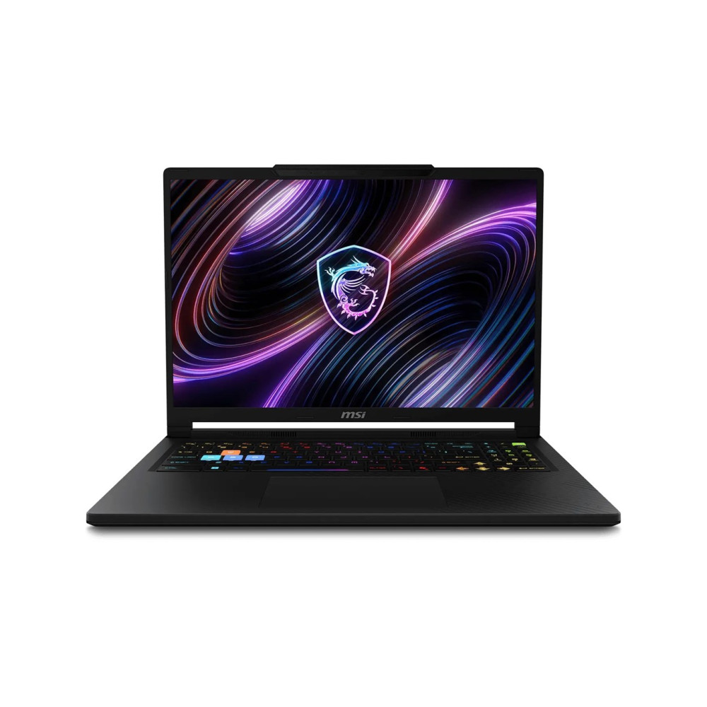 Czarny laptop do gier MSI z kolorową tapetą i podświetlaną klawiaturą na białym tle.