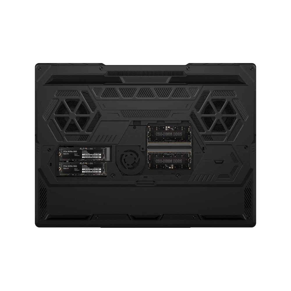 Otwarty spód czarnego laptopa ukazuje dwa dyski SSD, dwa moduły RAM i dwa wentylatorki.
