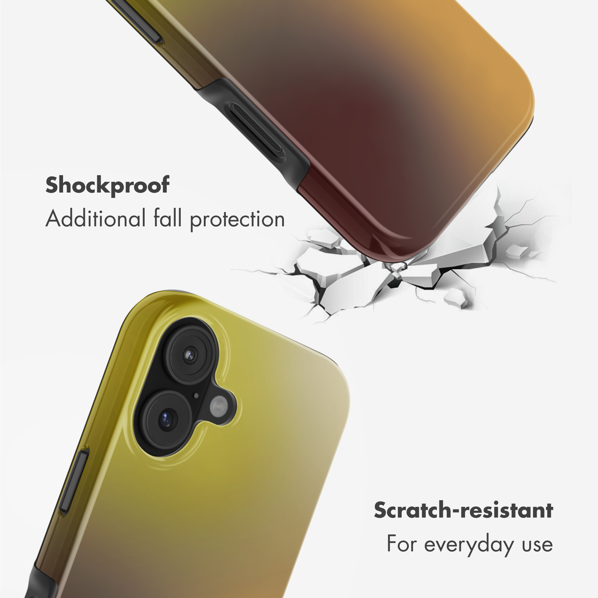 Goldfarbene Handyhülle mit Kamera und Text zu Stoßfestigkeit.