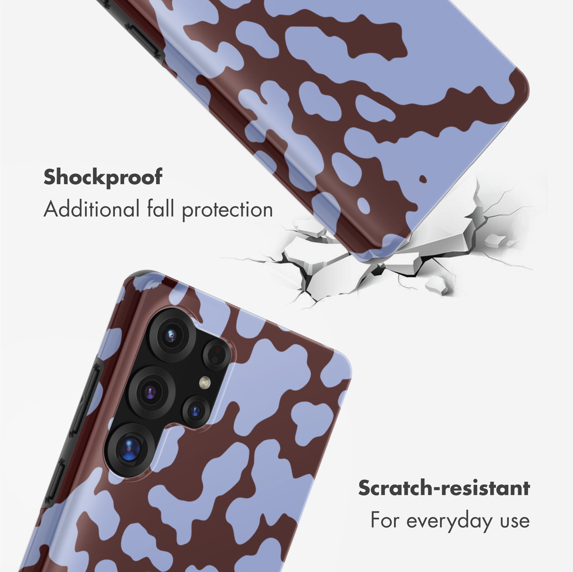 Handyhülle mit braun-blauem Fleckenmuster, Aufschrift 'Shockproof' und 'Scratch-resistant'.