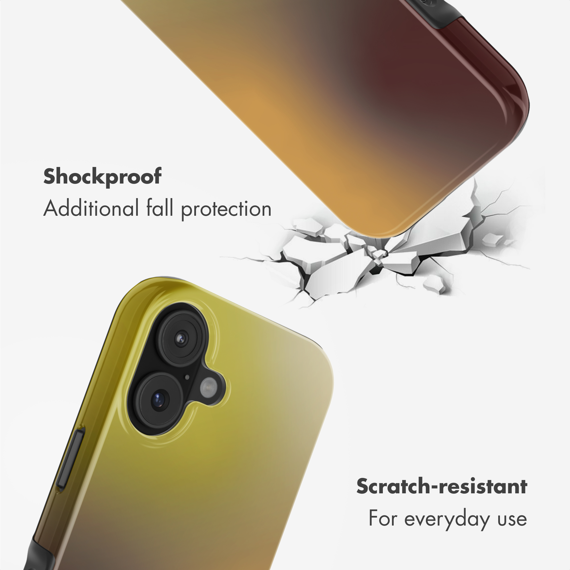 Due cover per telefono sfumate che mostrano caratteristiche antiurto e antigraffio.
