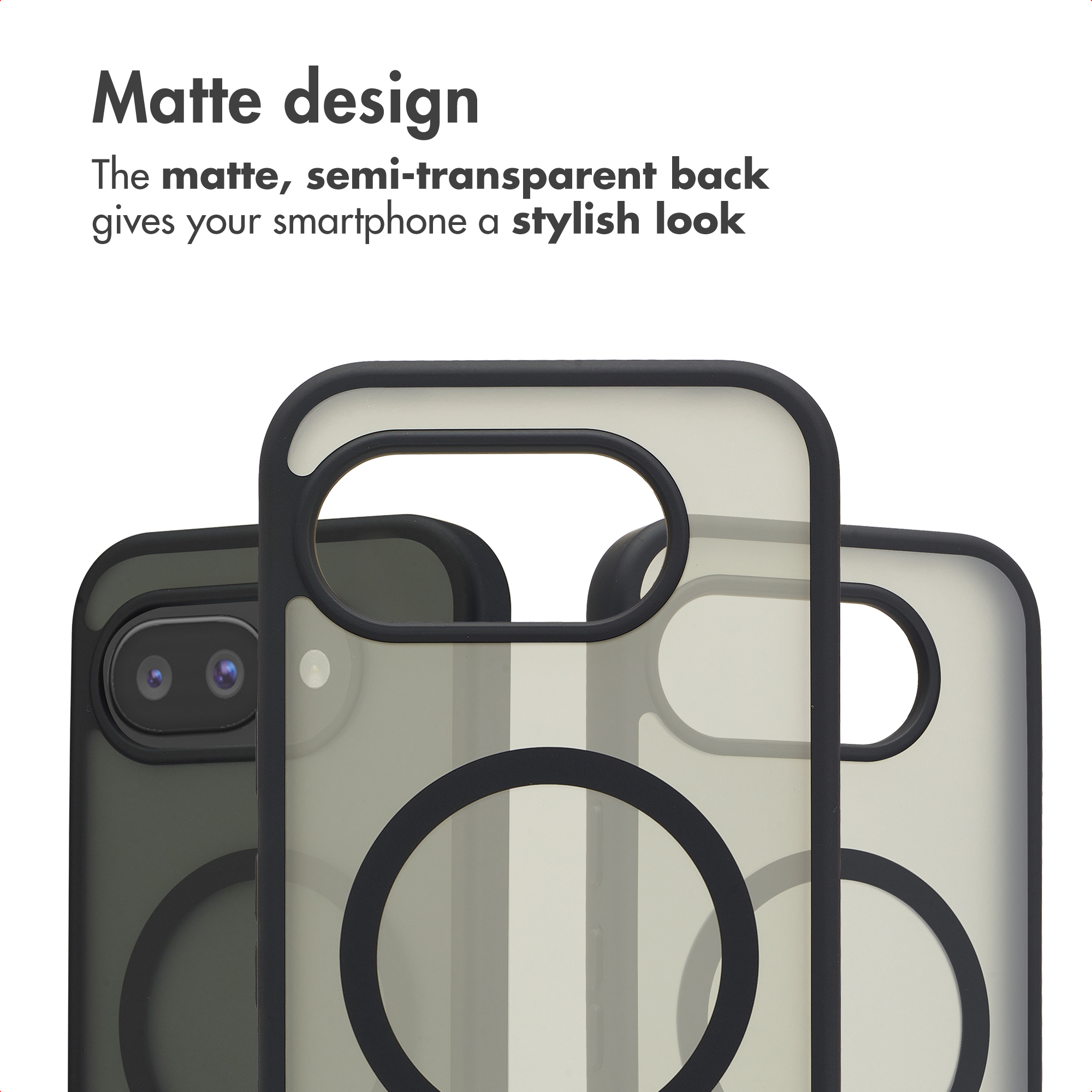 Tre cover per telefono opache semitrasparenti con bordi neri e anelli magnetici su uno sfondo bianco.