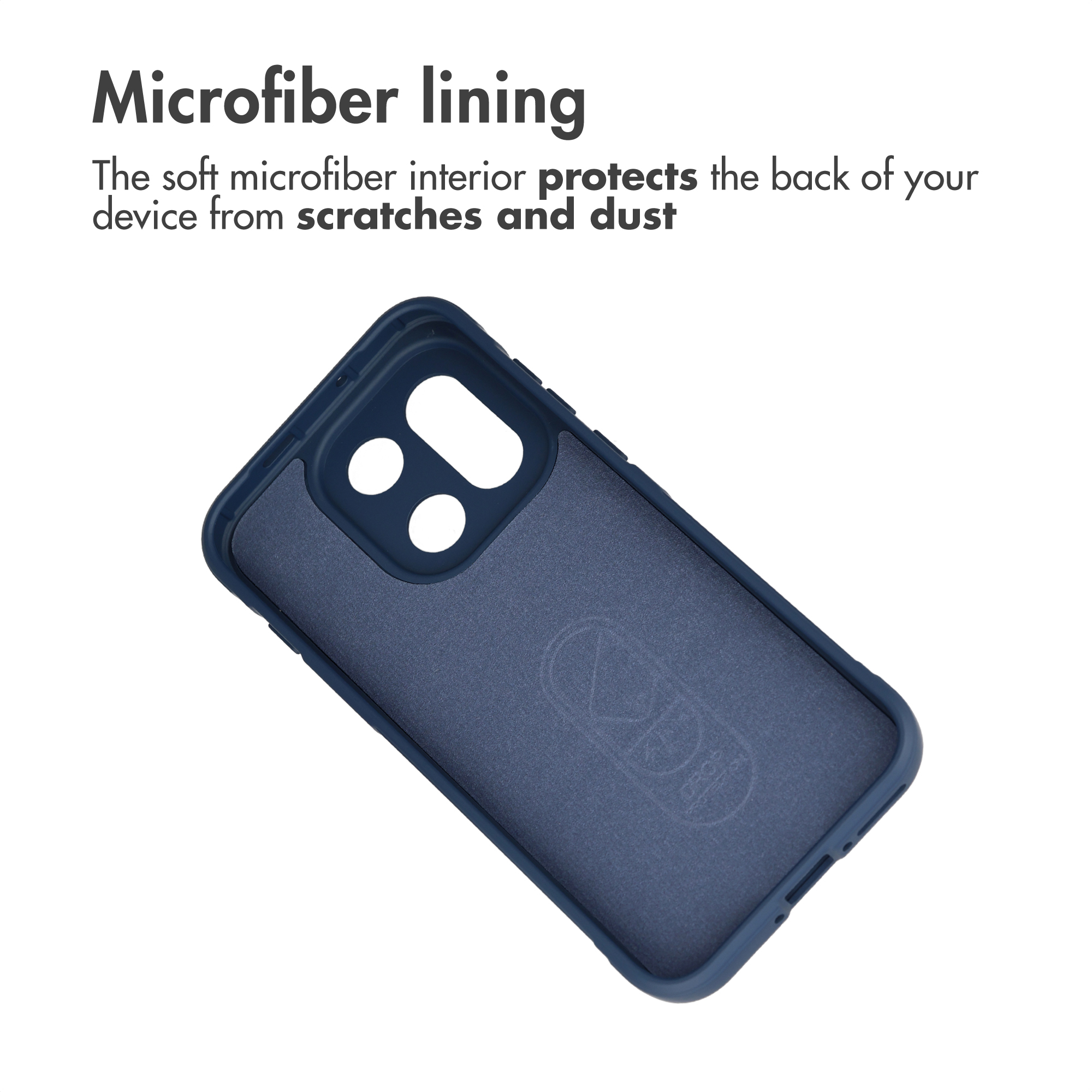 Custodia per telefono blu con morbido rivestimento interno in microfibra e testo sopra.