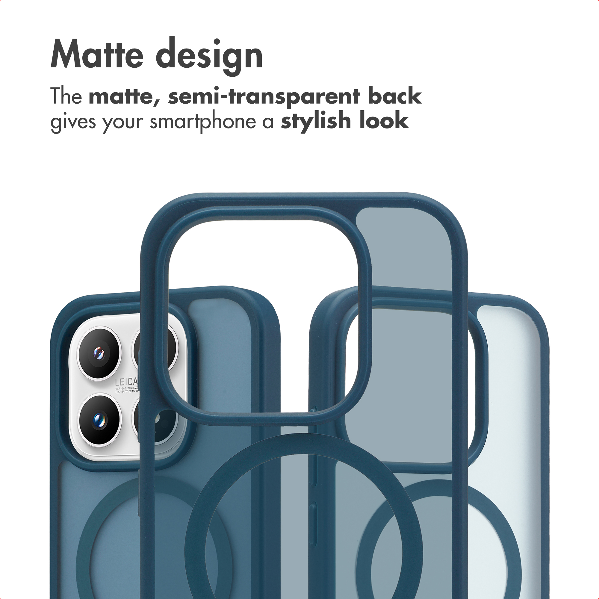 Fundas de smartphone azules mate y semitransparentes con módulo de cámara.
