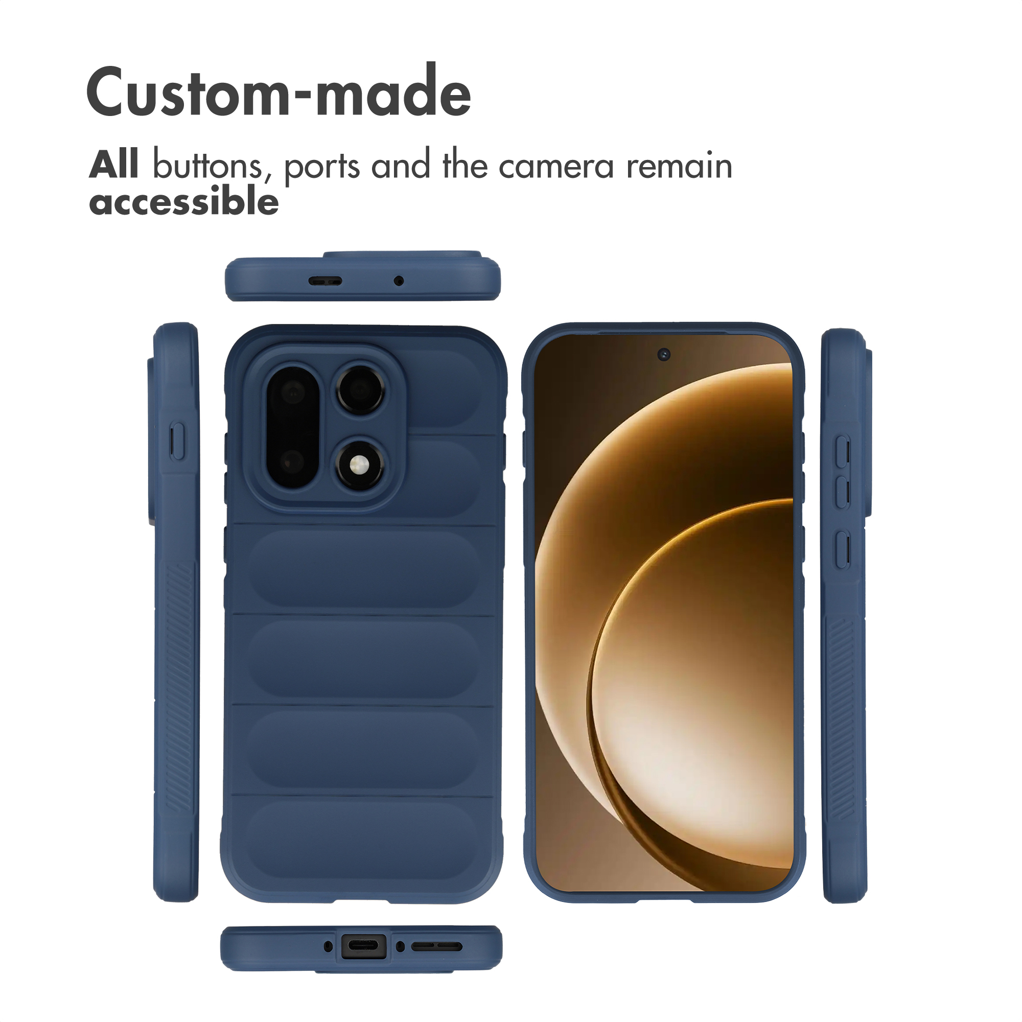 Viste da più angolazioni di una cover blu imbottita su uno smartphone, che mostrano pulsanti e porte accessibili.