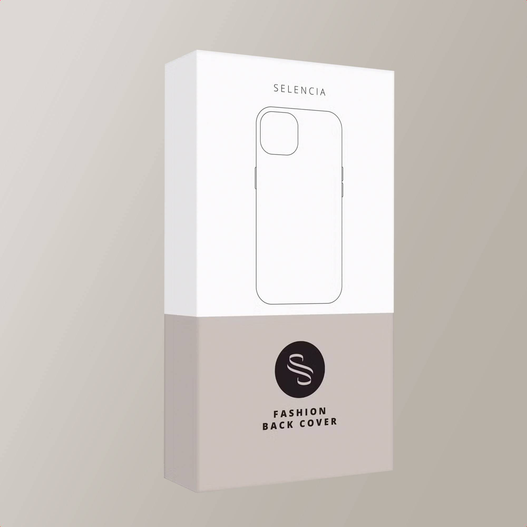 Una scatola bianca e grigia per una cover Selencia con il disegno al tratto di un telefono.