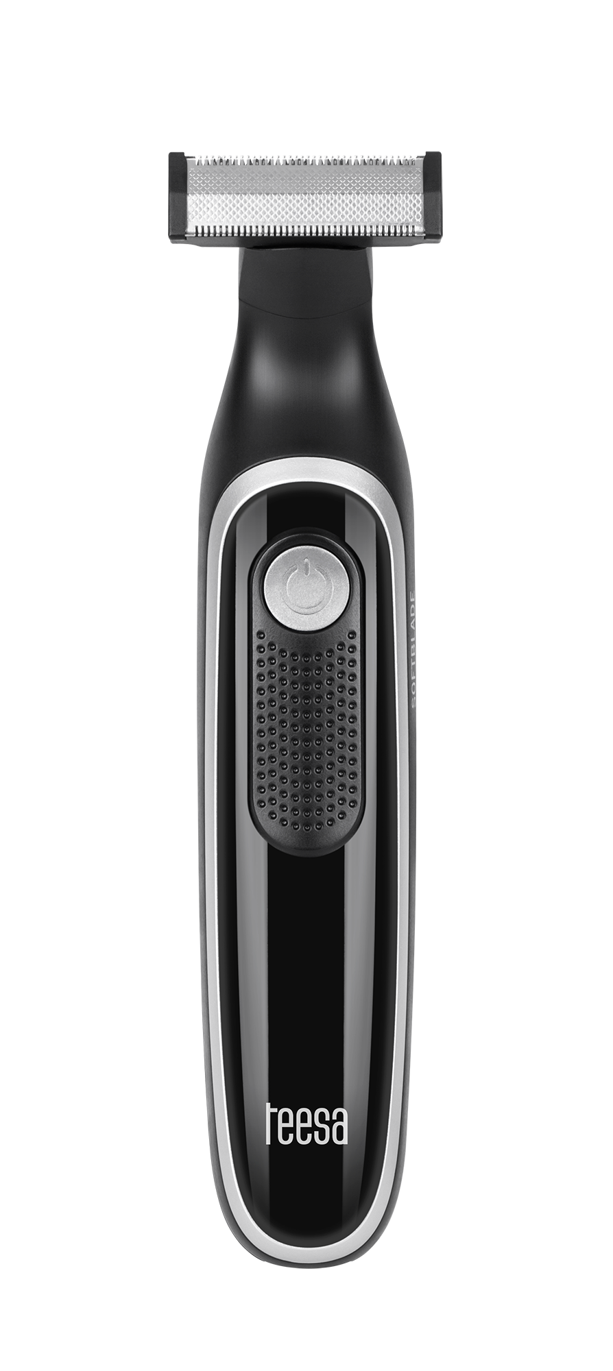 Un rasoio elettrico Teesa nero e argento su sfondo nero.