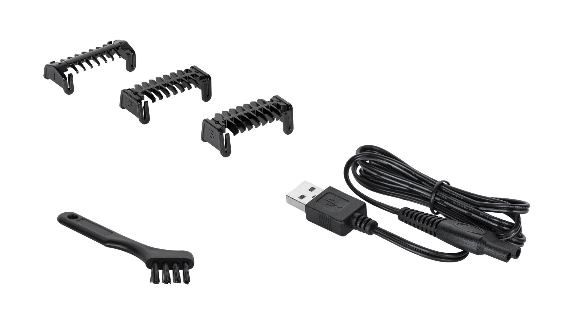 Tre rialzi per regolabarba neri, una piccola spazzola di pulizia e un cavo USB su sfondo nero.
