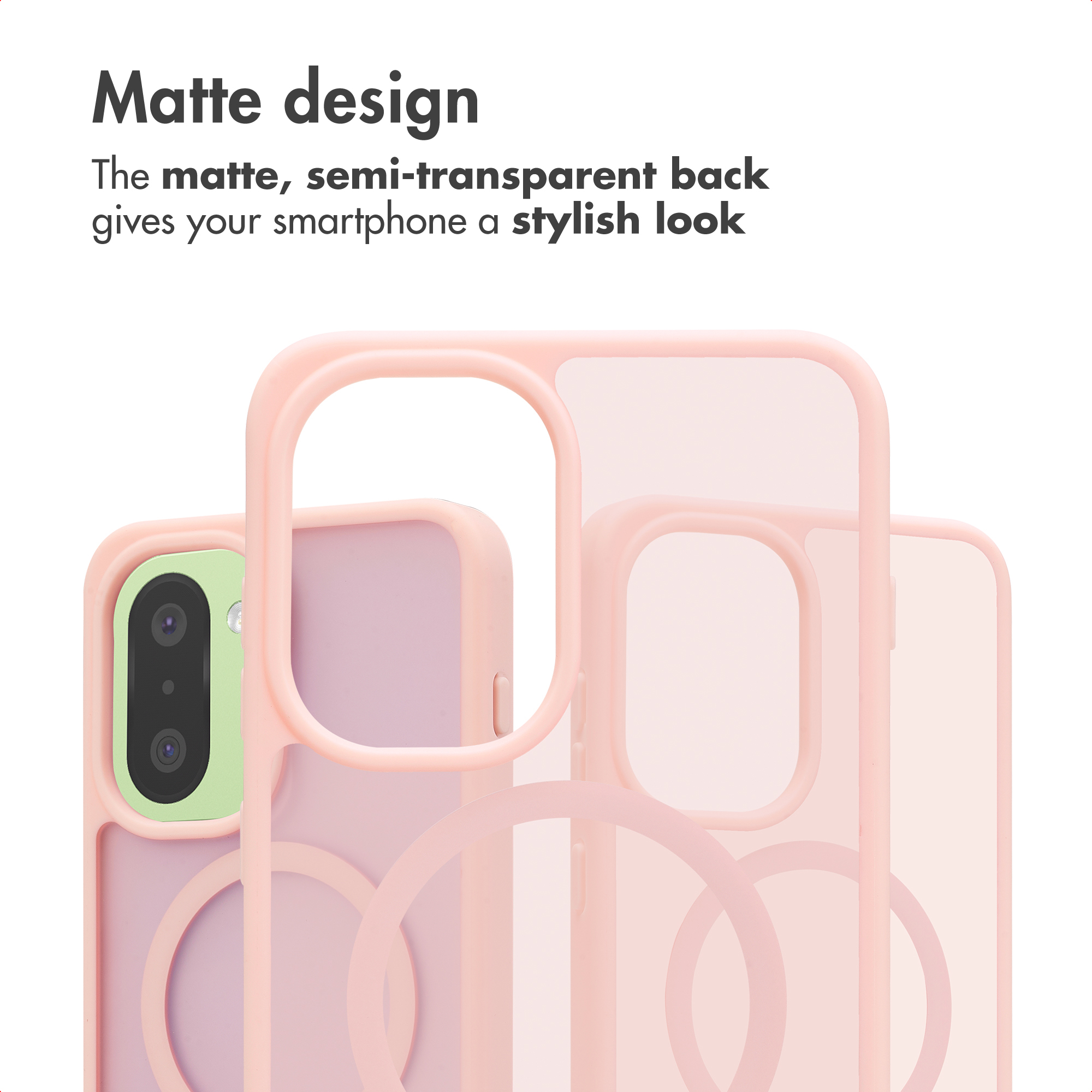 Funda rosa mate y semitransparente para smartphone con círculo MagSafe en la parte posterior.