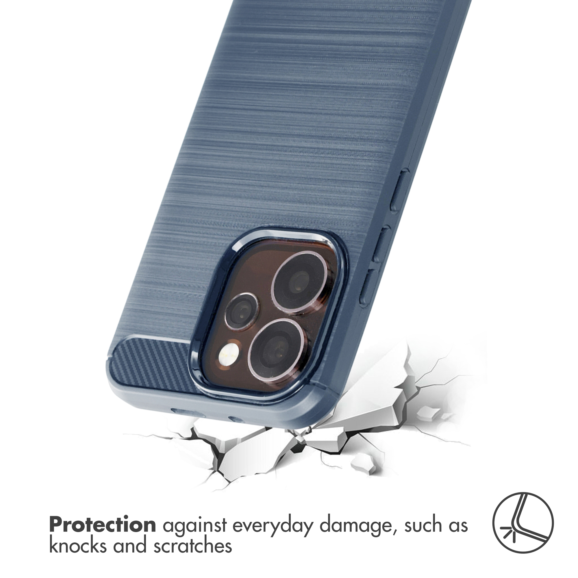 Custodia per smartphone blu che protegge dai graffi, con sfondo bianco screpolato e testo.