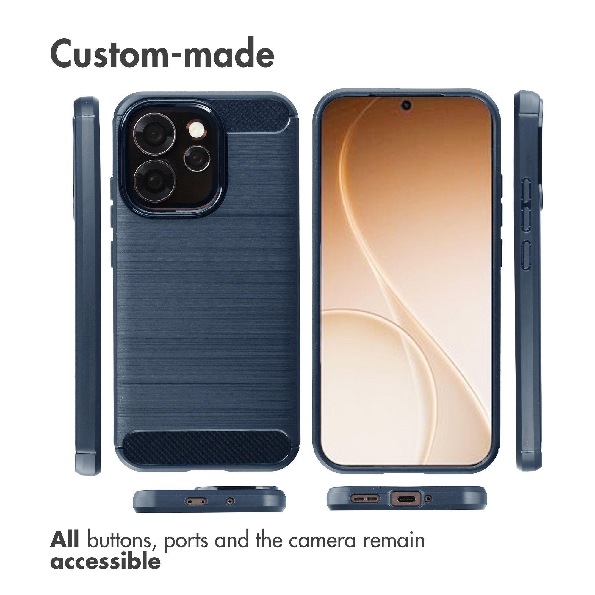 Custodia blu personalizzata per smartphone mostrata da più angolazioni, con pulsanti e porte accessibili.