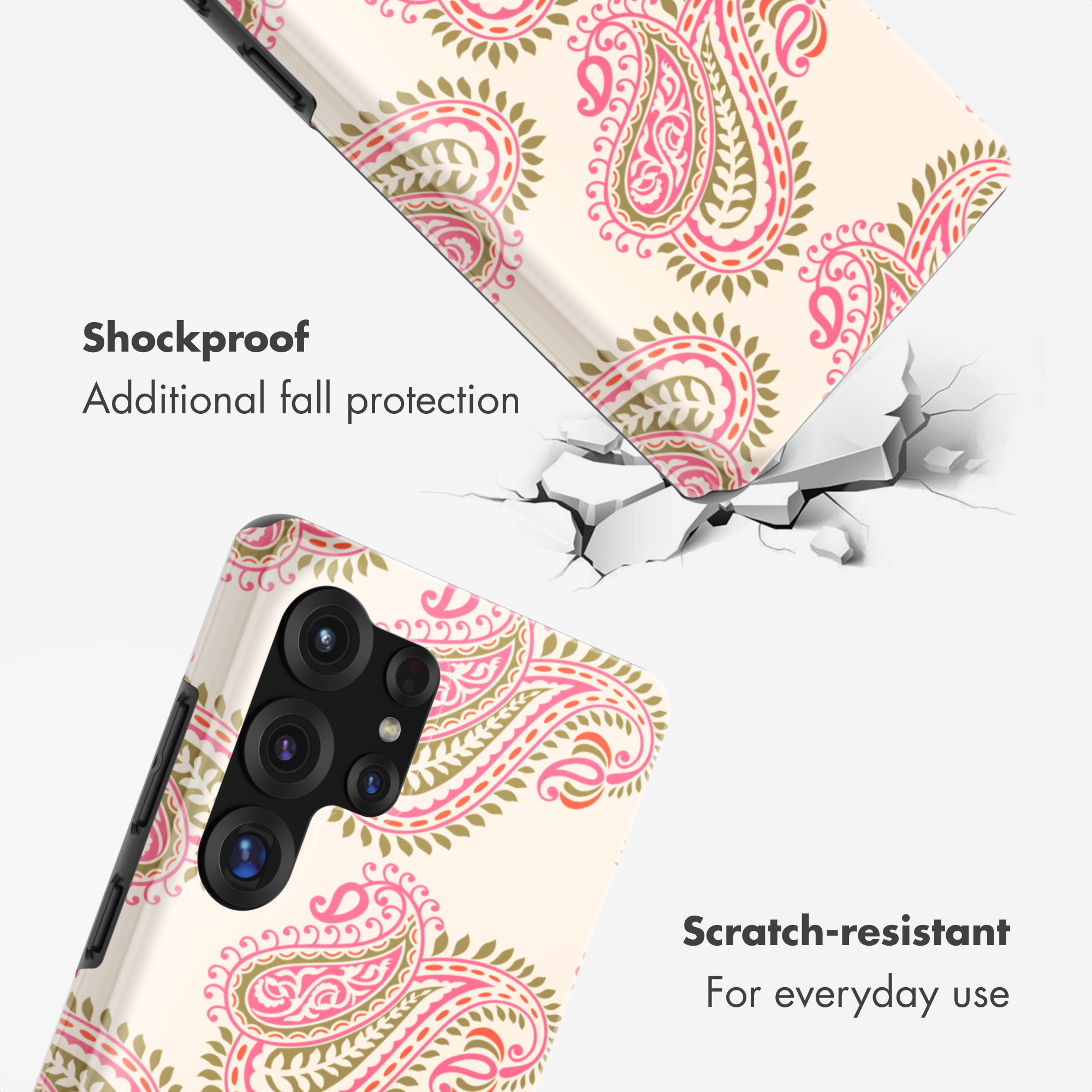 Custodia per telefono con motivo paisley rosa, antiurto e antigraffio.
