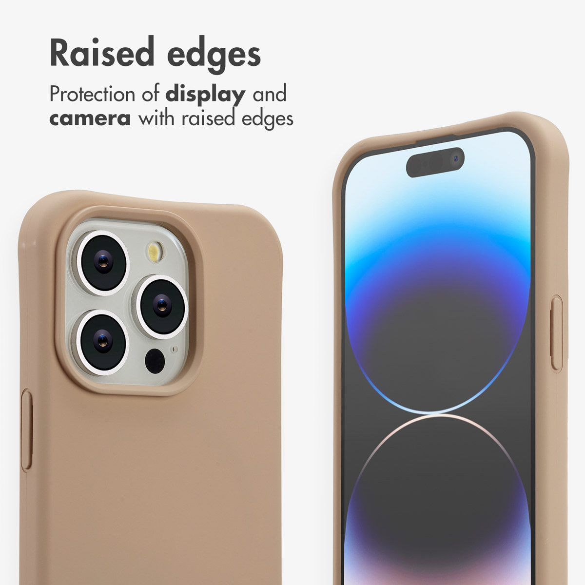 Handyhülle in Beige mit erhöhtem Rand zum Schutz von Display und Kamera.