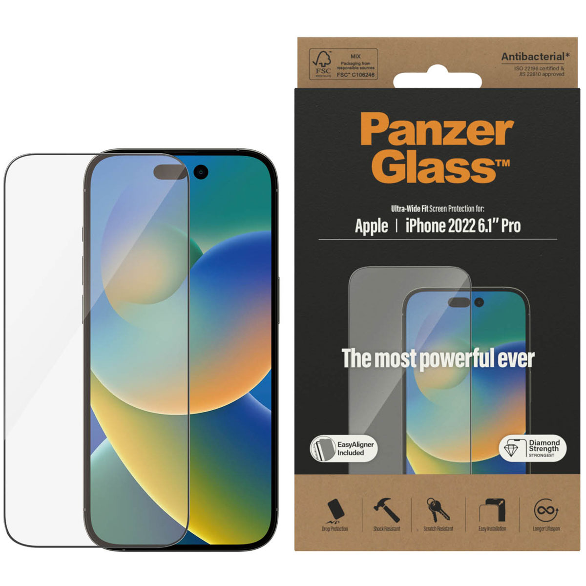Opakowanie szkła ochronnego PanzerGlass i smartfon z naklejonym szkłem.