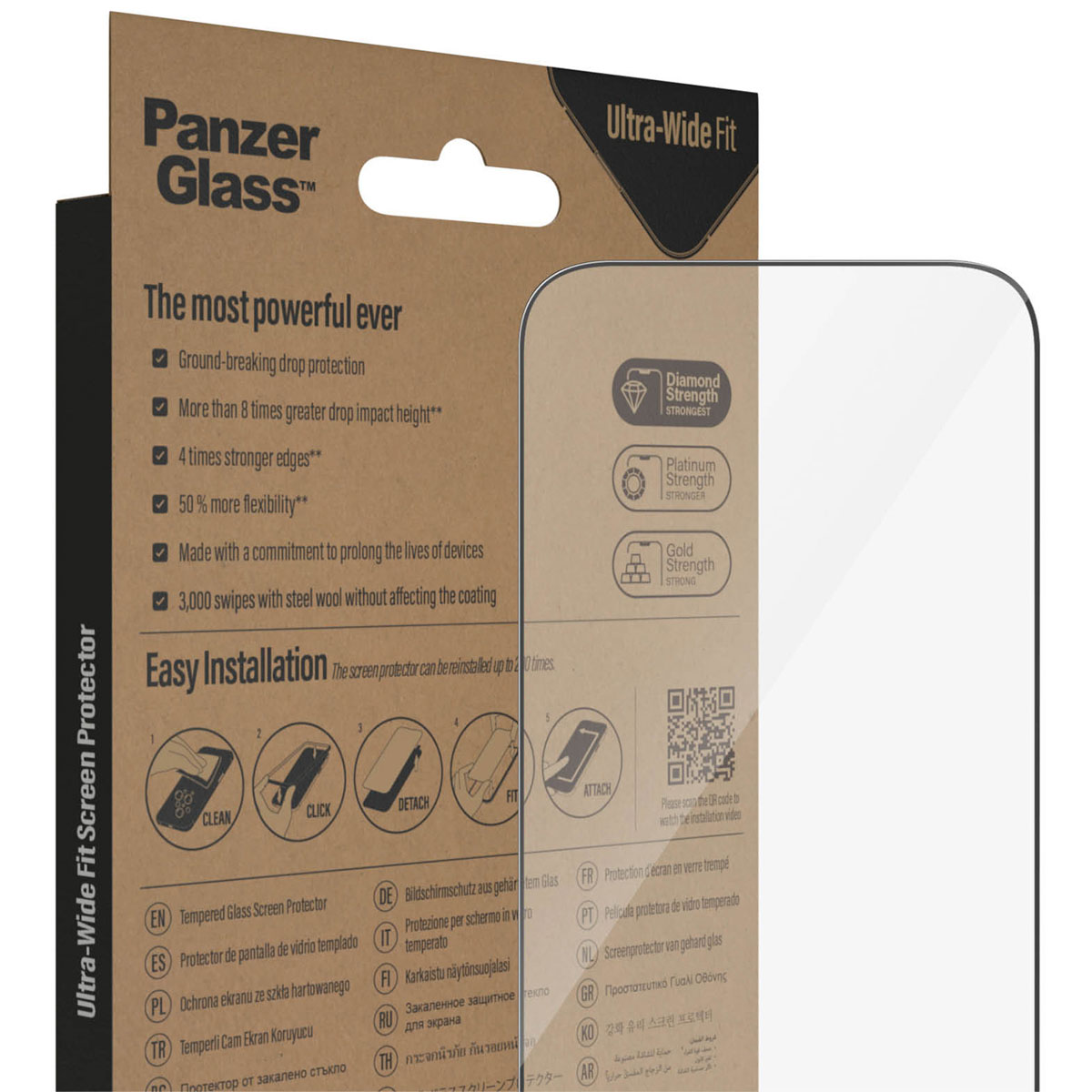 Pudełko na folię ochronną PanzerGlass i przezroczysta szyba z zaokrąglonymi rogami.