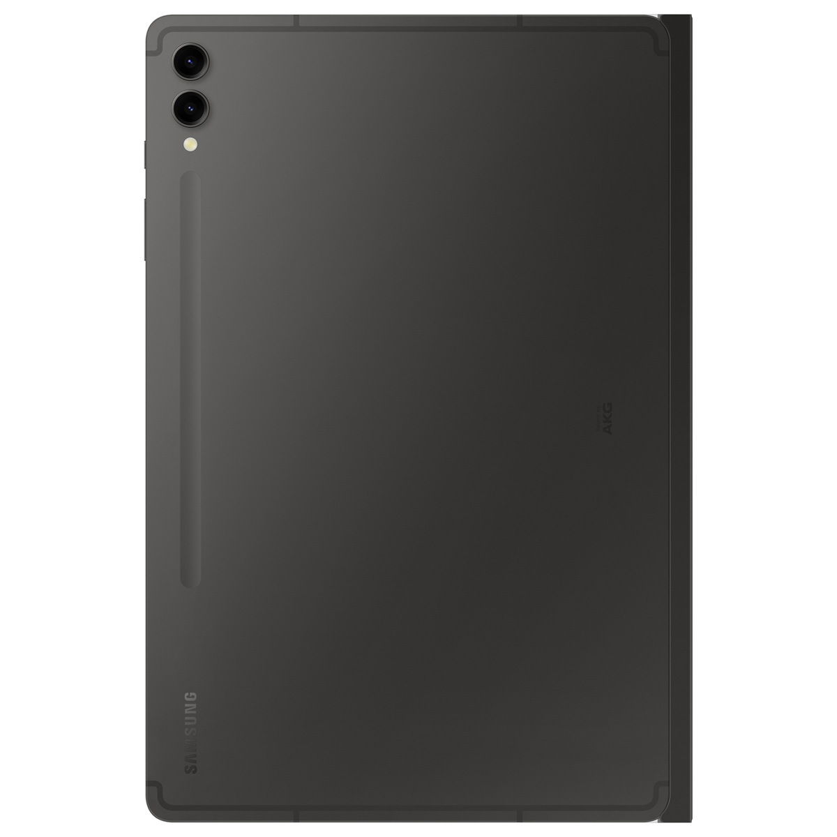 Vista trasera de una tablet Samsung gris con doble cámara y soporte para lápiz sobre fondo blanco.