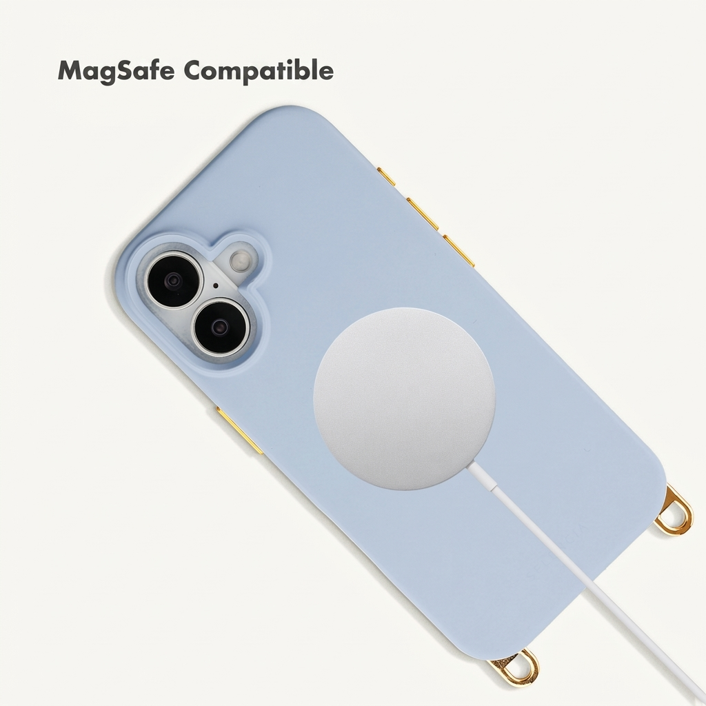 Funda de teléfono azul claro con cargador MagSafe y detalles dorados sobre fondo blanco.
