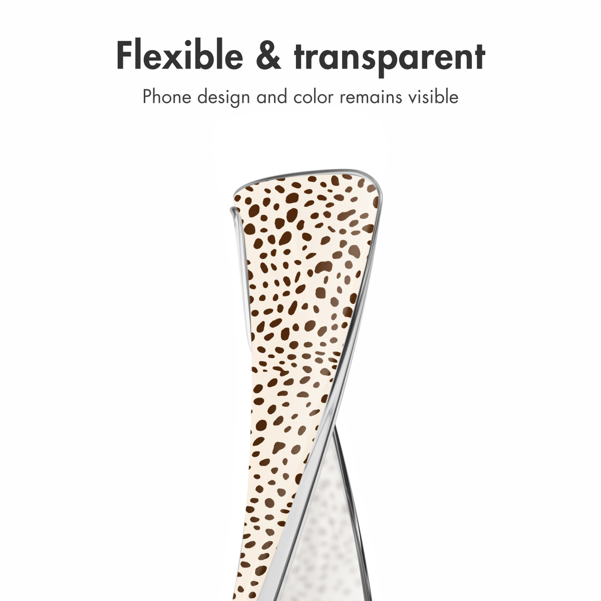 Funda de móvil flexible y transparente con estampado de leopardo sobre fondo blanco con texto en inglés.