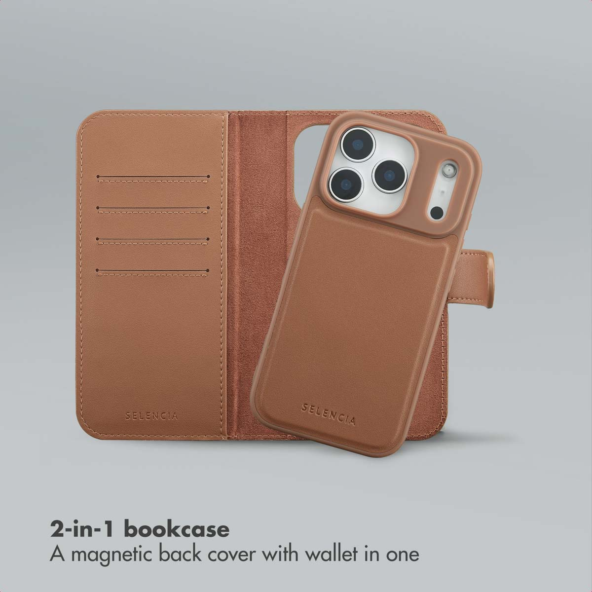 Funda de cuero marrón 2 en 1 con carcasa magnética desmontable y billetera sobre fondo gris.
