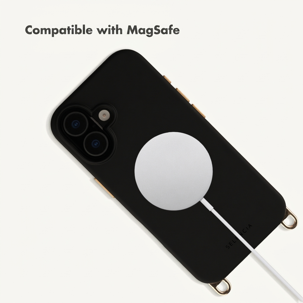 Funda de móvil negra con cargador MagSafe sobre fondo blanco.