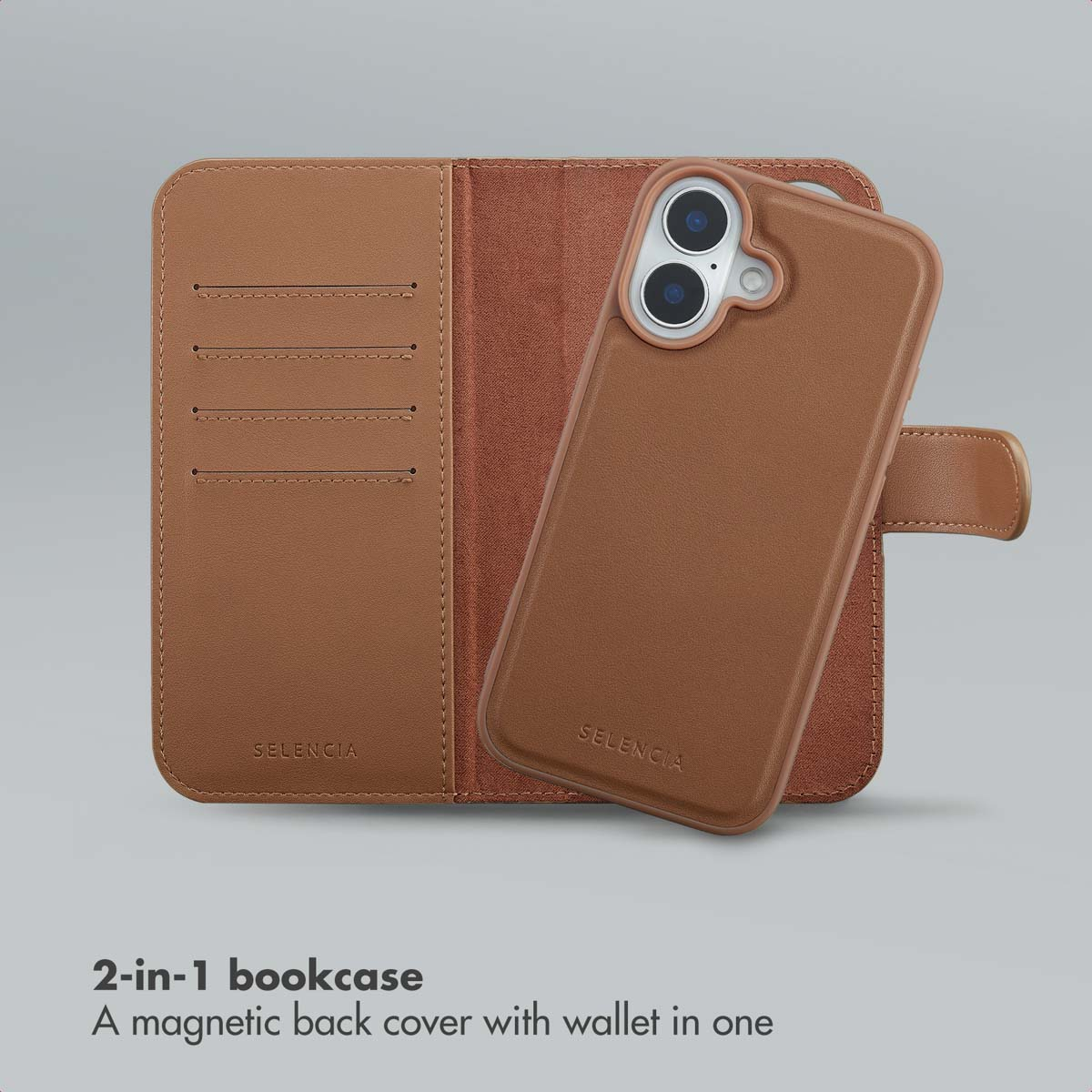 Un étui de téléphone portefeuille 2-en-1 en cuir marron avec coque magnétique.