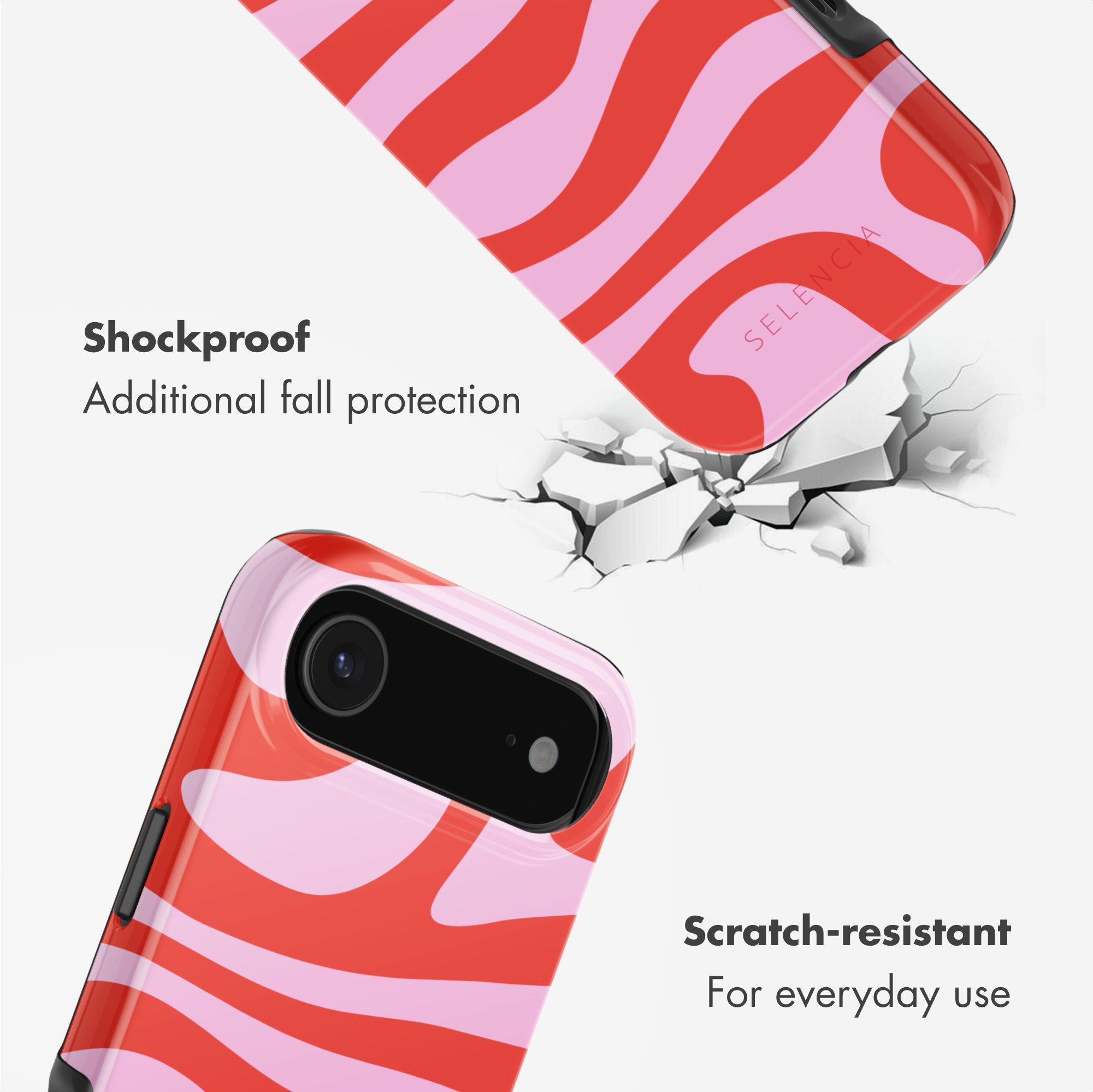 Cover per telefono ondulata rosa e rossa su sfondo rotto con protezione urti.