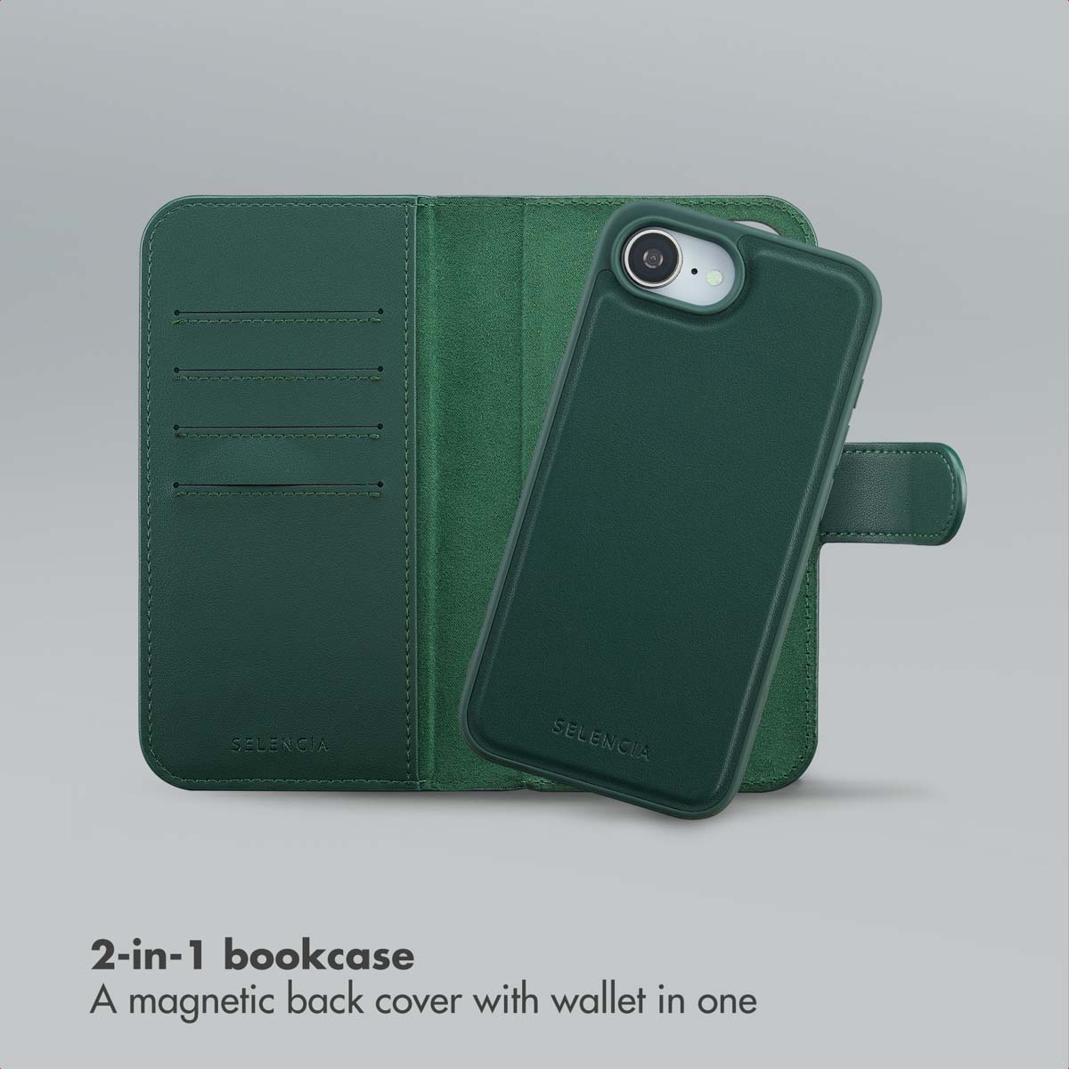 Custodia a portafoglio in pelle verde scuro per telefono con fessure per carte e cover magnetica su sfondo grigio.