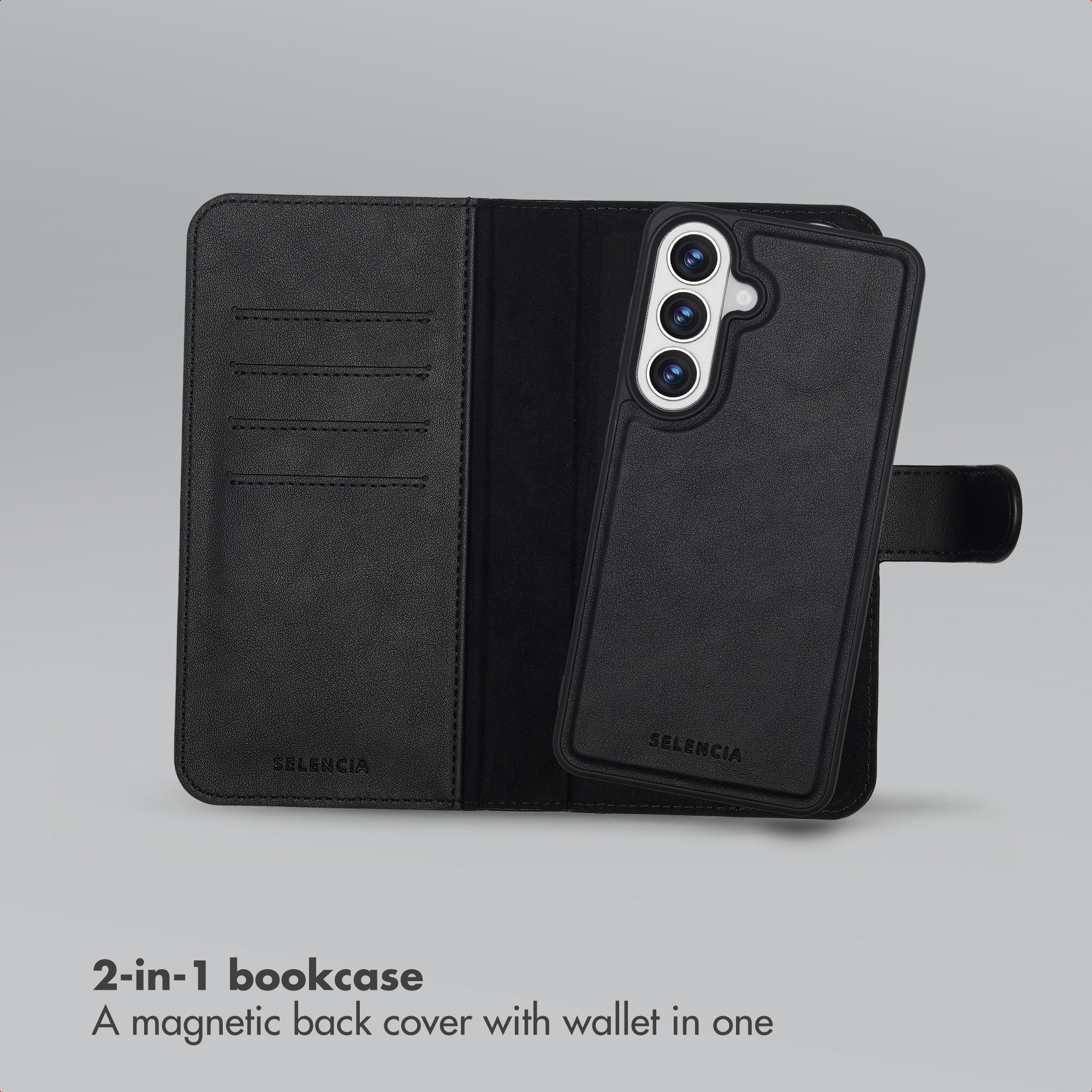 Funda tipo libro Selencia 2 en 1 negra con cartera y parte trasera magnética.
