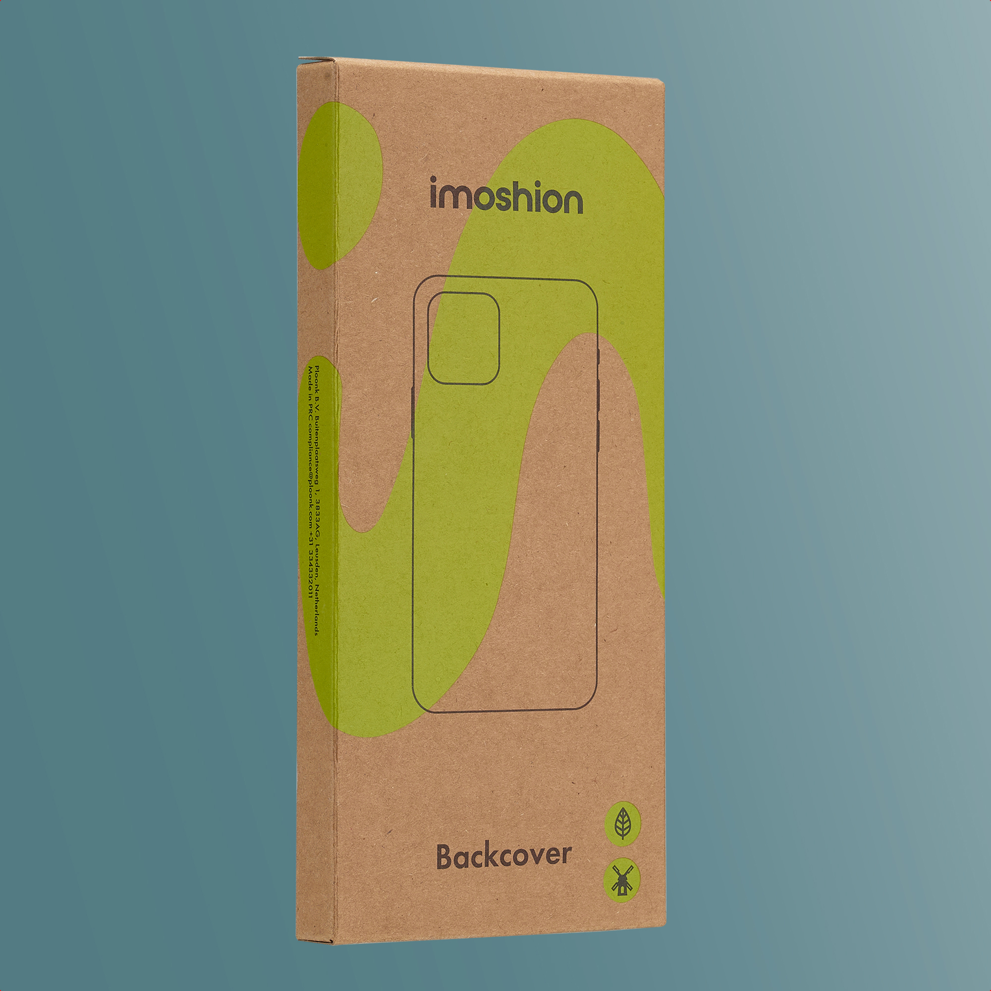 Una scatola di cartone marrone con dettagli verdi per una custodia per cellulare con le scritte imoshion e Backcover.