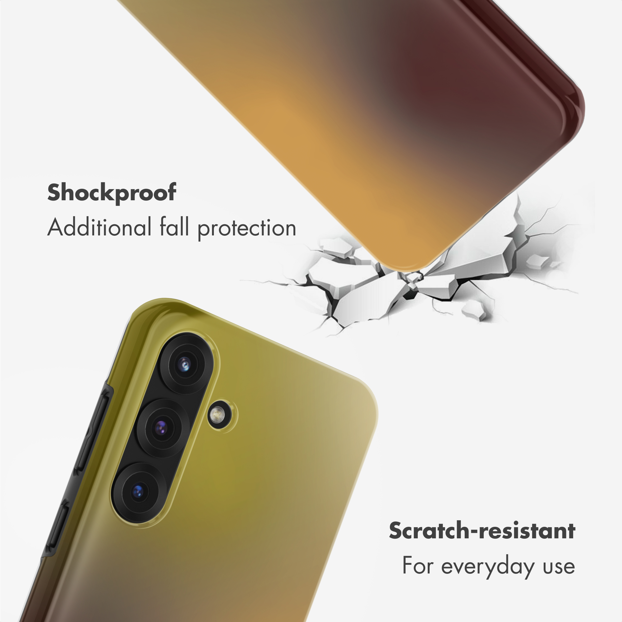Funda de teléfono con degradado dorado, protección contra caídas y uso diario.