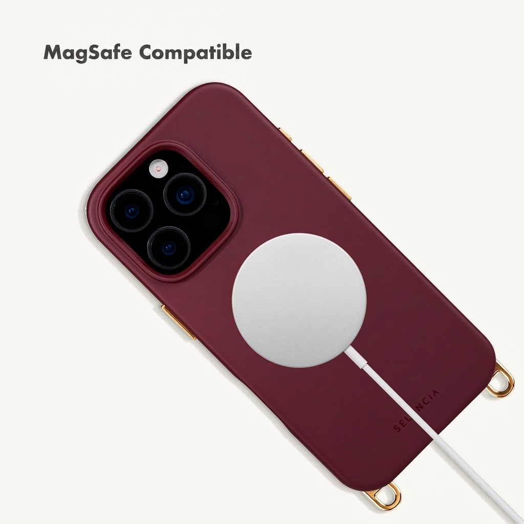 Una funda de teléfono granate con un cargador MagSafe conectado sobre fondo blanco.