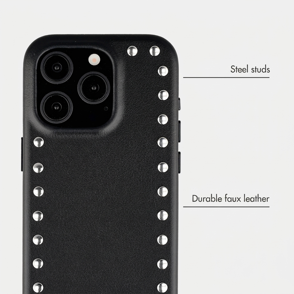 Coque de téléphone en similicuir noir avec des clous en acier argenté sur les bords.
