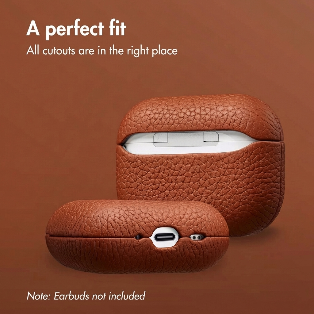 Custodia per AirPods in pelle marrone con ritagli precisi per la porta di ricarica.