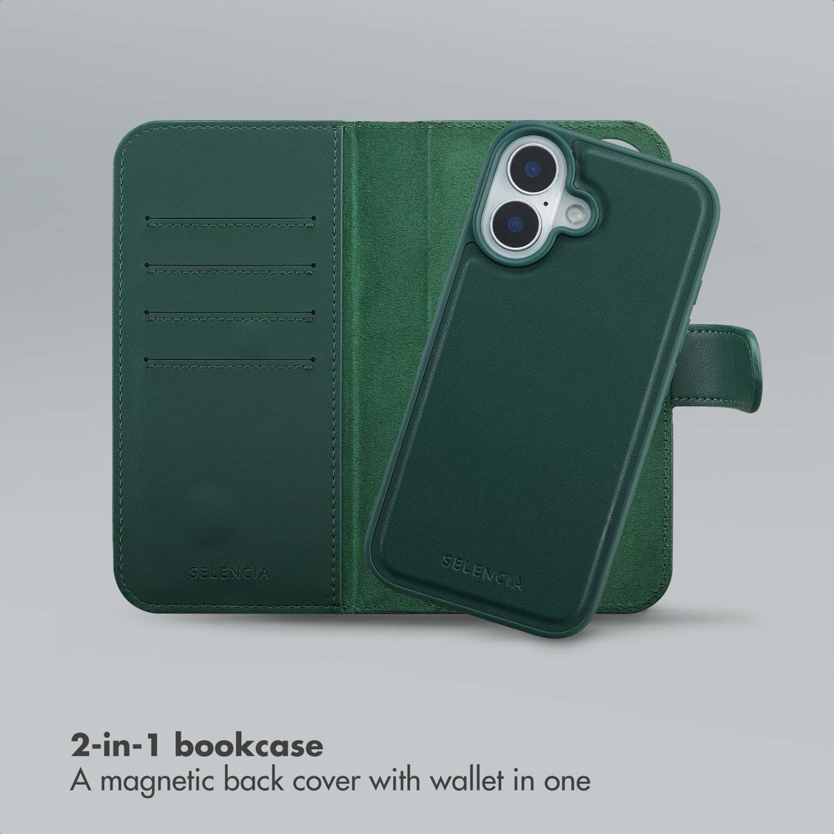 Custodia a libro verde 2 in 1 con portafoglio integrato e cover posteriore magnetica rimovibile.